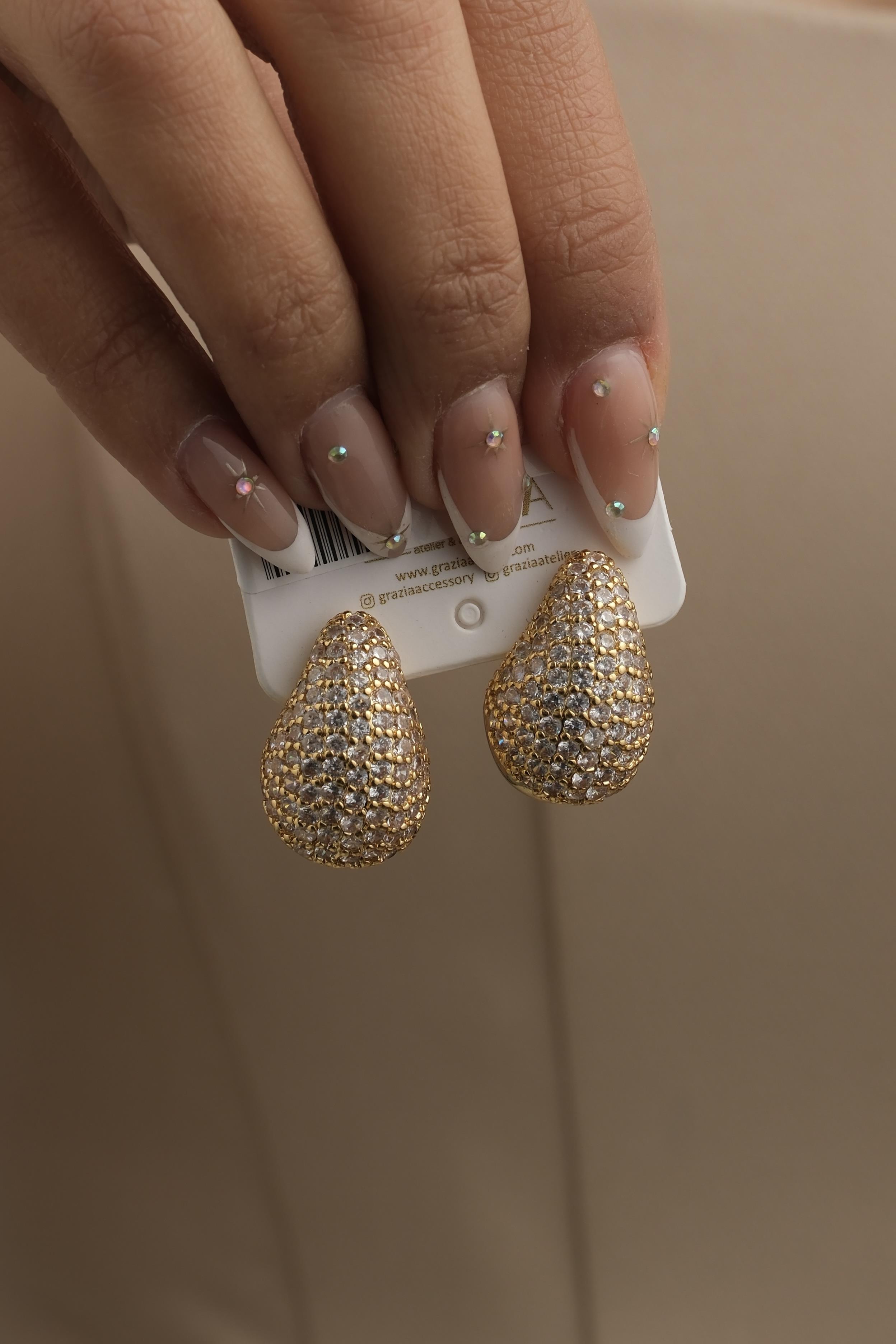 Gömme Taşlı Gold Damla Küpe