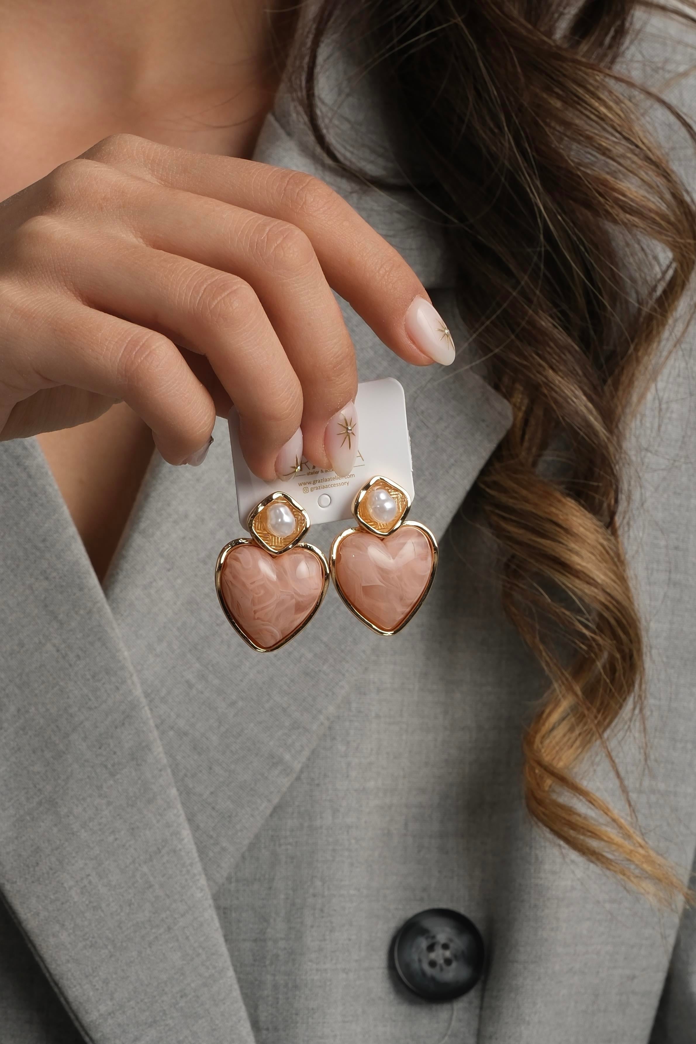 Pembe Kalp İnci Küpe