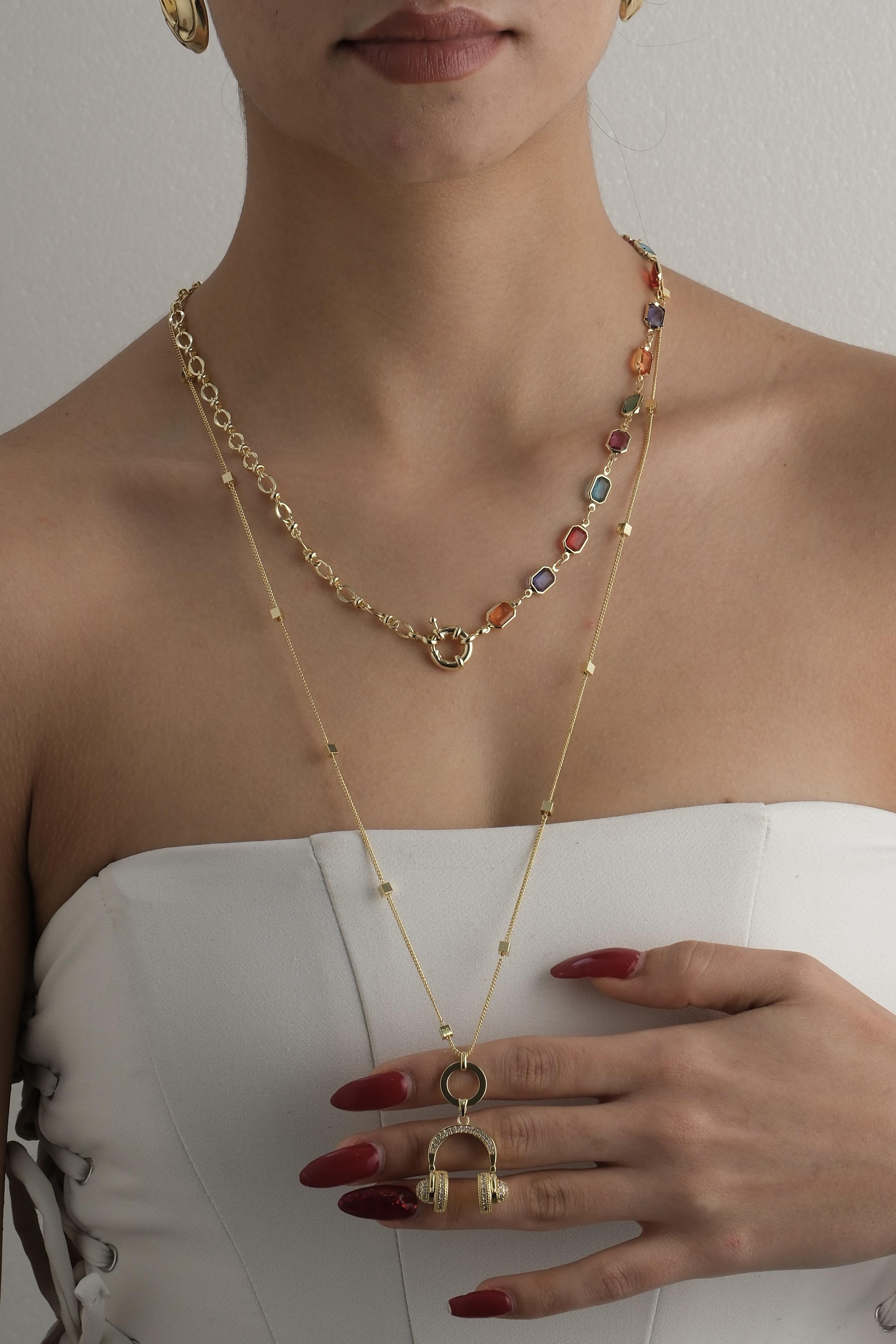 Renkli Taşlı Kulaklık Kolye Seti