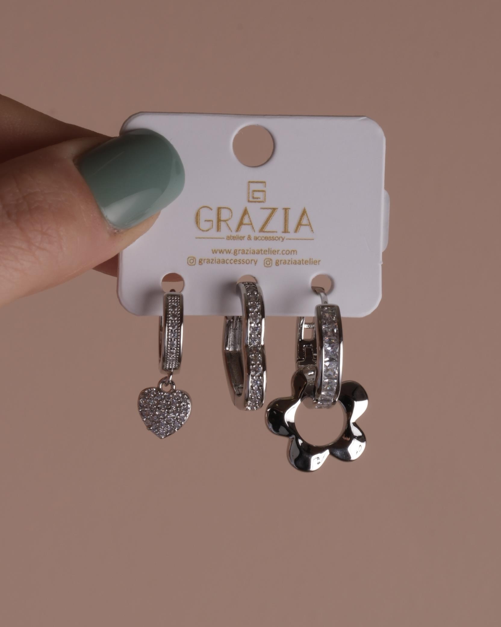 Silver Kalp Çiçek Üçlü Küpe Seti