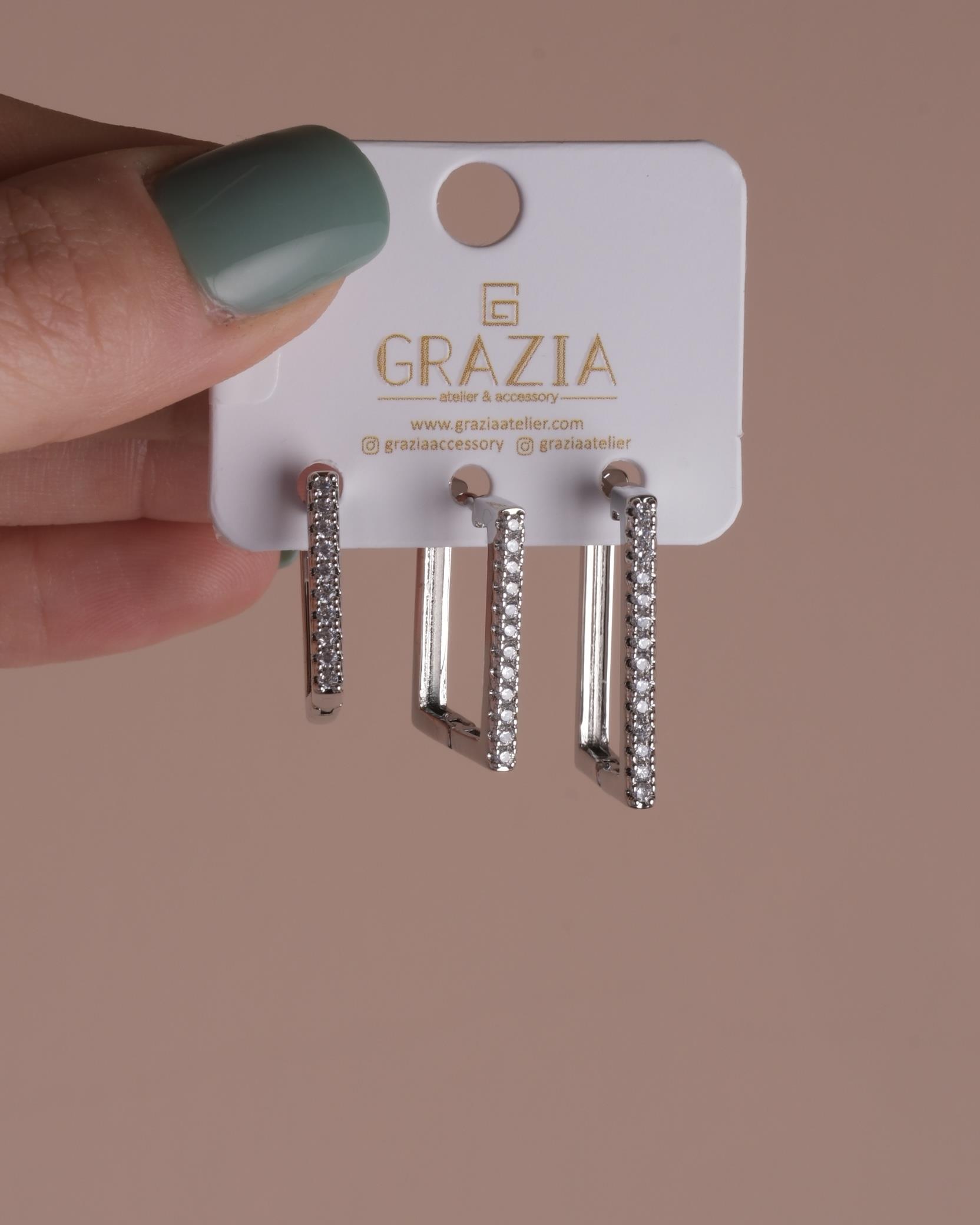 Silver Üçlü Kare Küpe Seti 