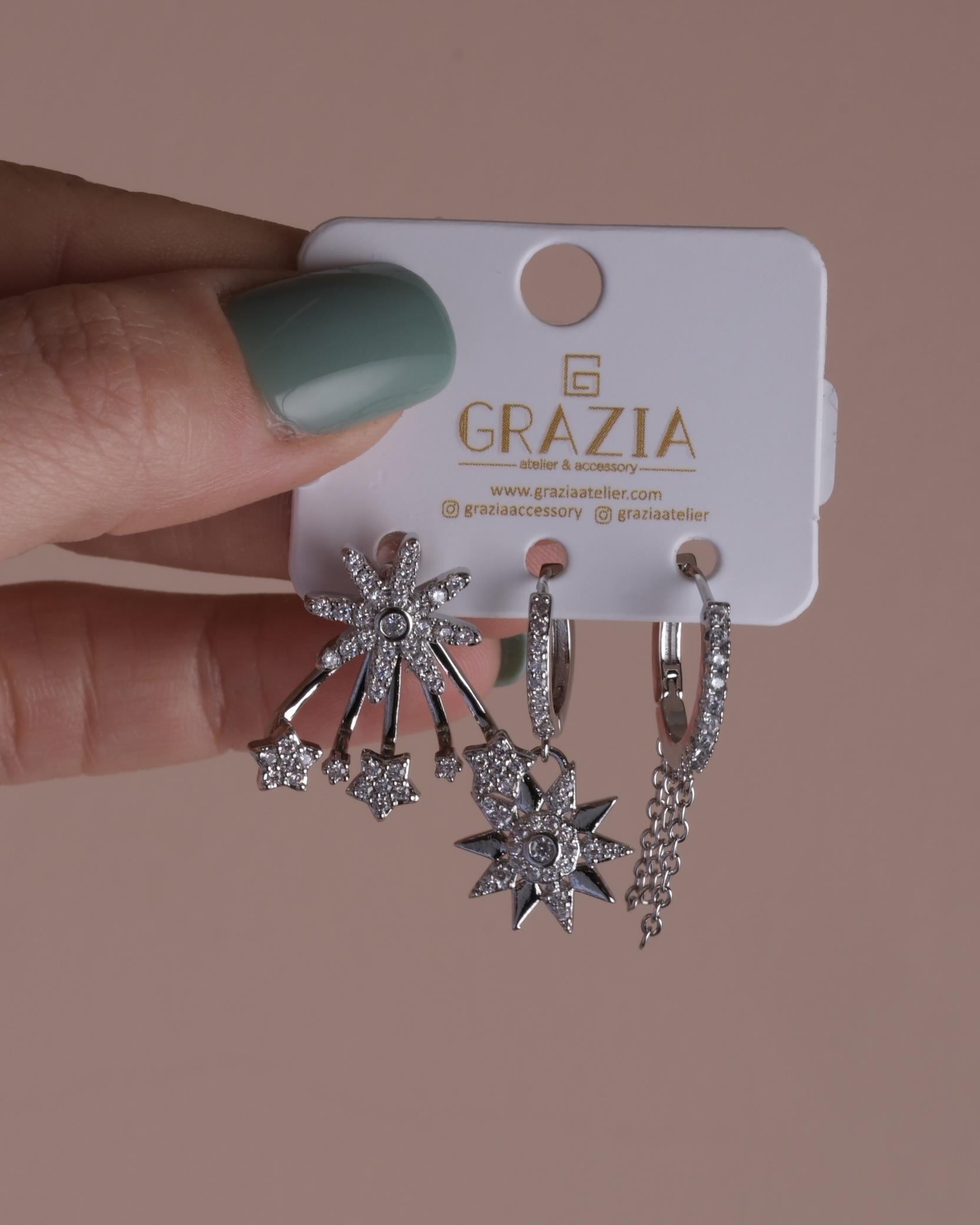 Silver  Yelpaze Çiçek Üçlü Küpe Seti