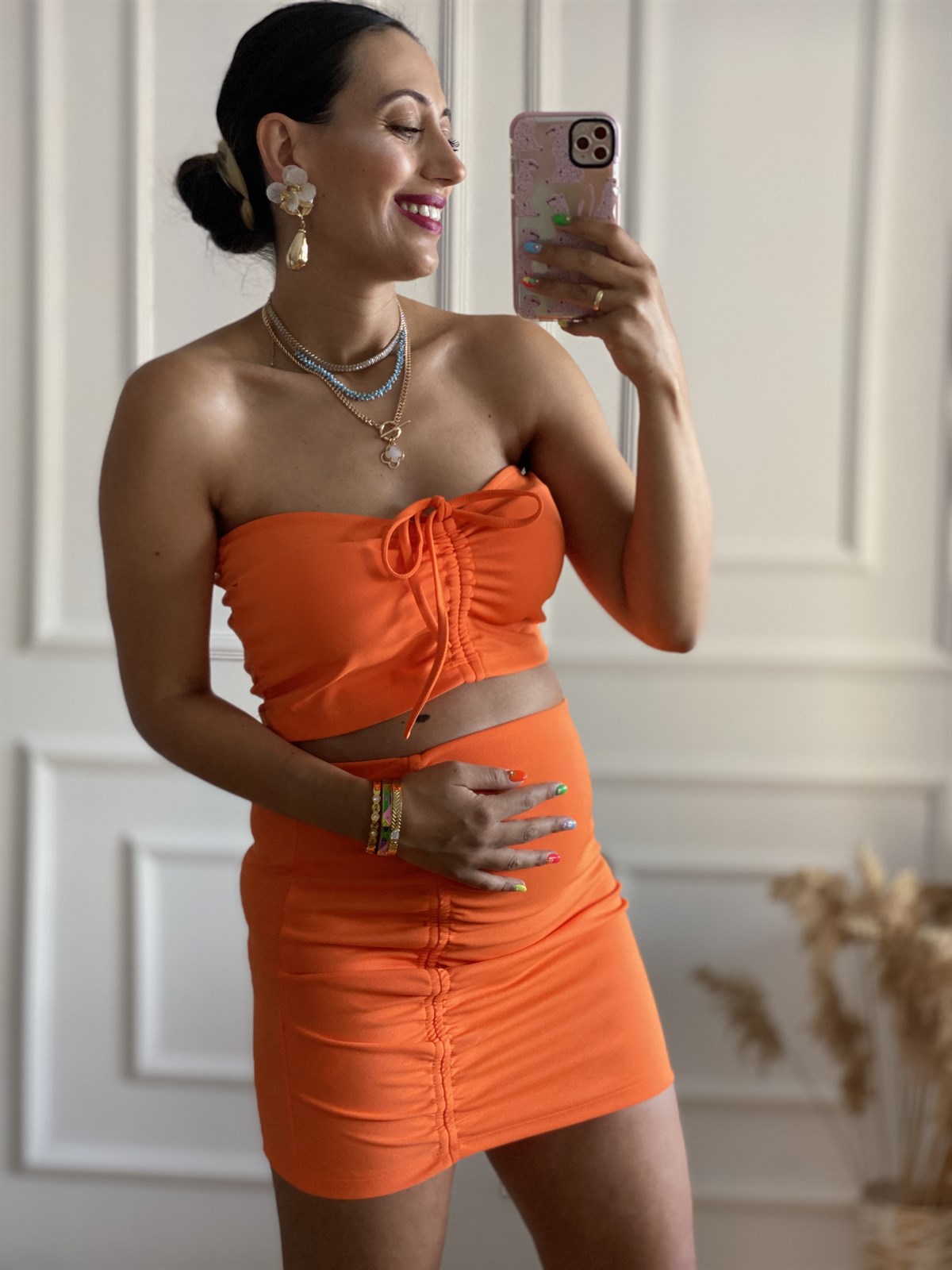 Turuncu Etek Crop Takım