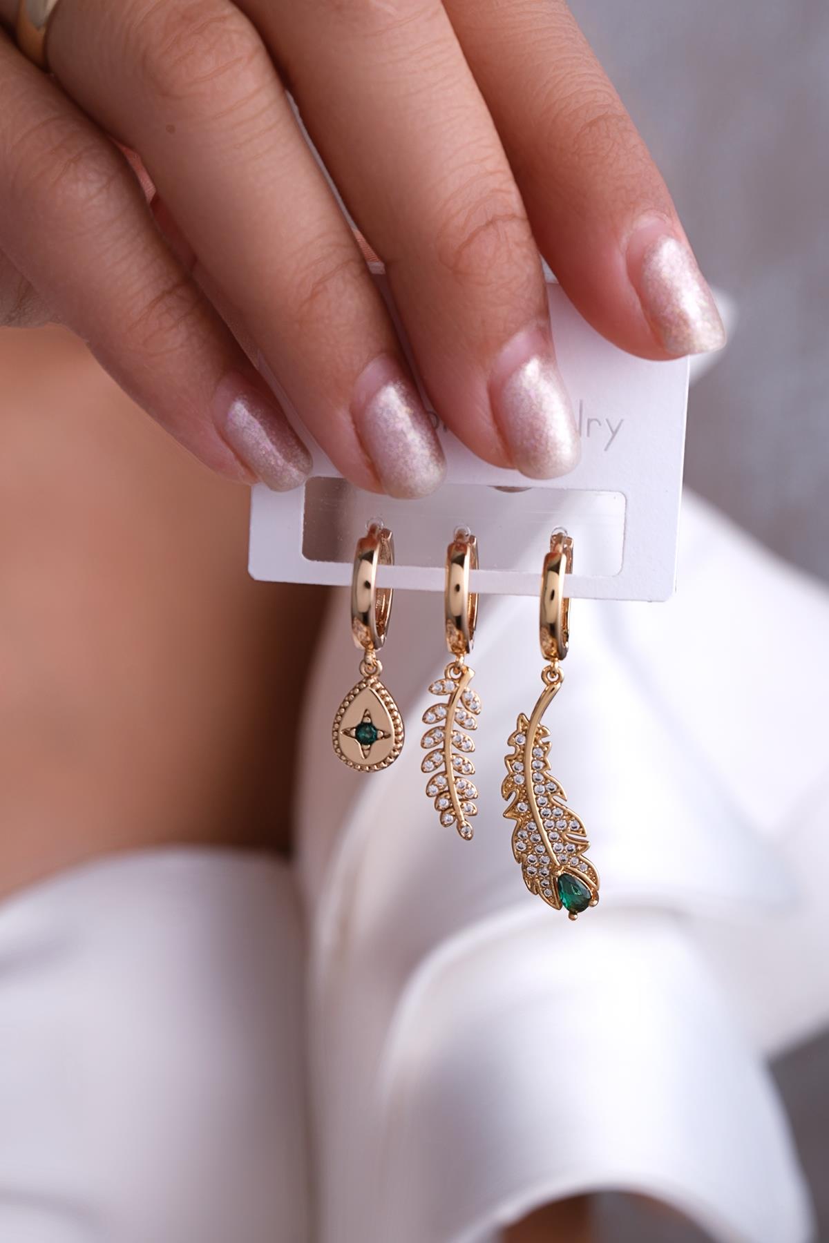 Üçlü Küpe Seti Gold Renk Aksesuar Set - 3KSg42