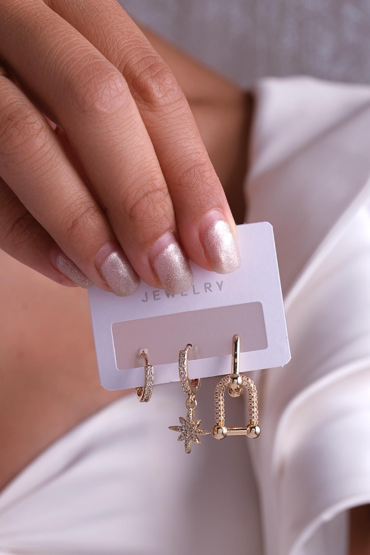 Üçlü Küpe Seti Gold Renk Aksesuar Set - 3KSg19