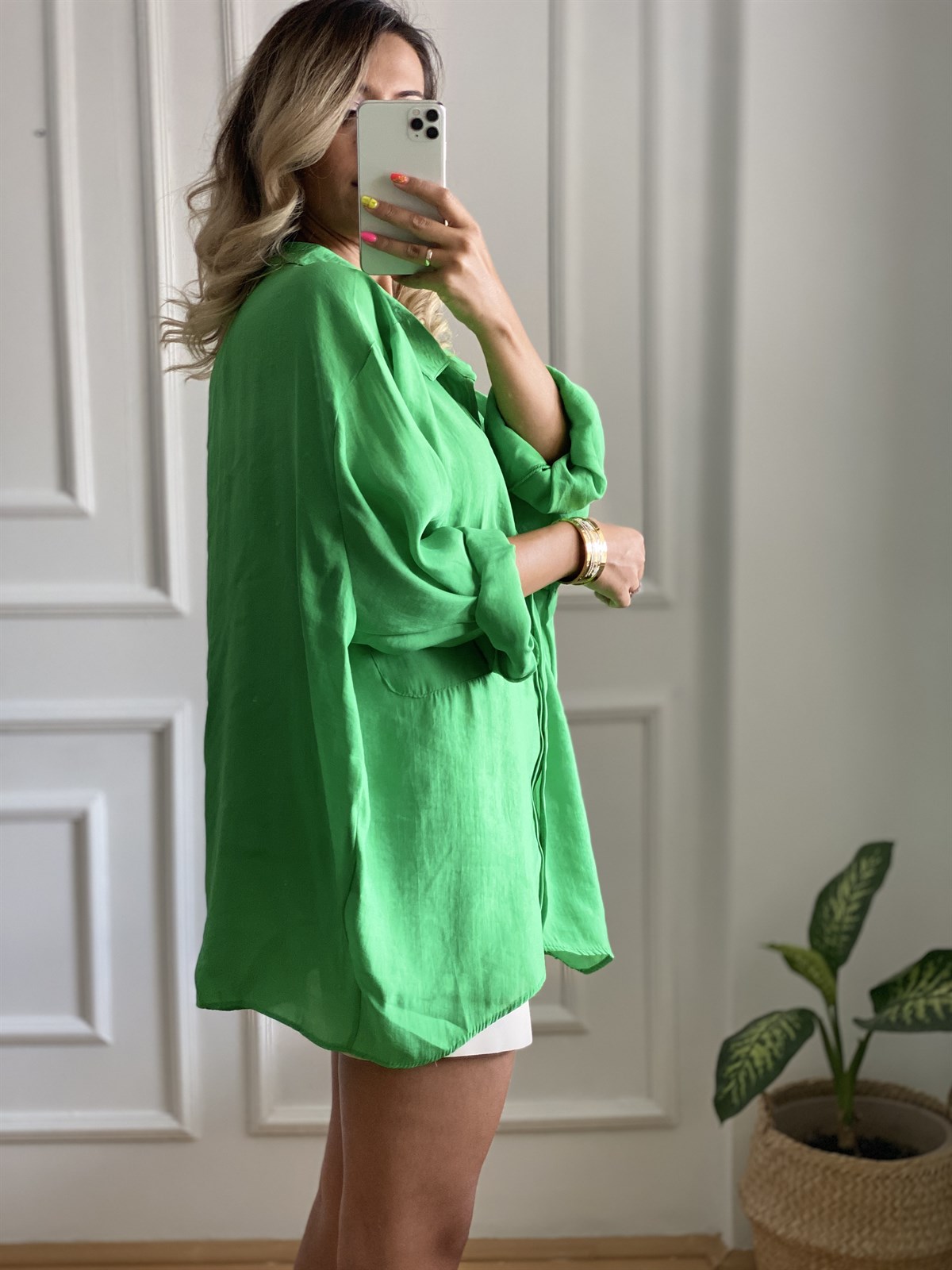 Yeşil Tensel Kumaş Düşük Omuzlu Oversize Gömlek