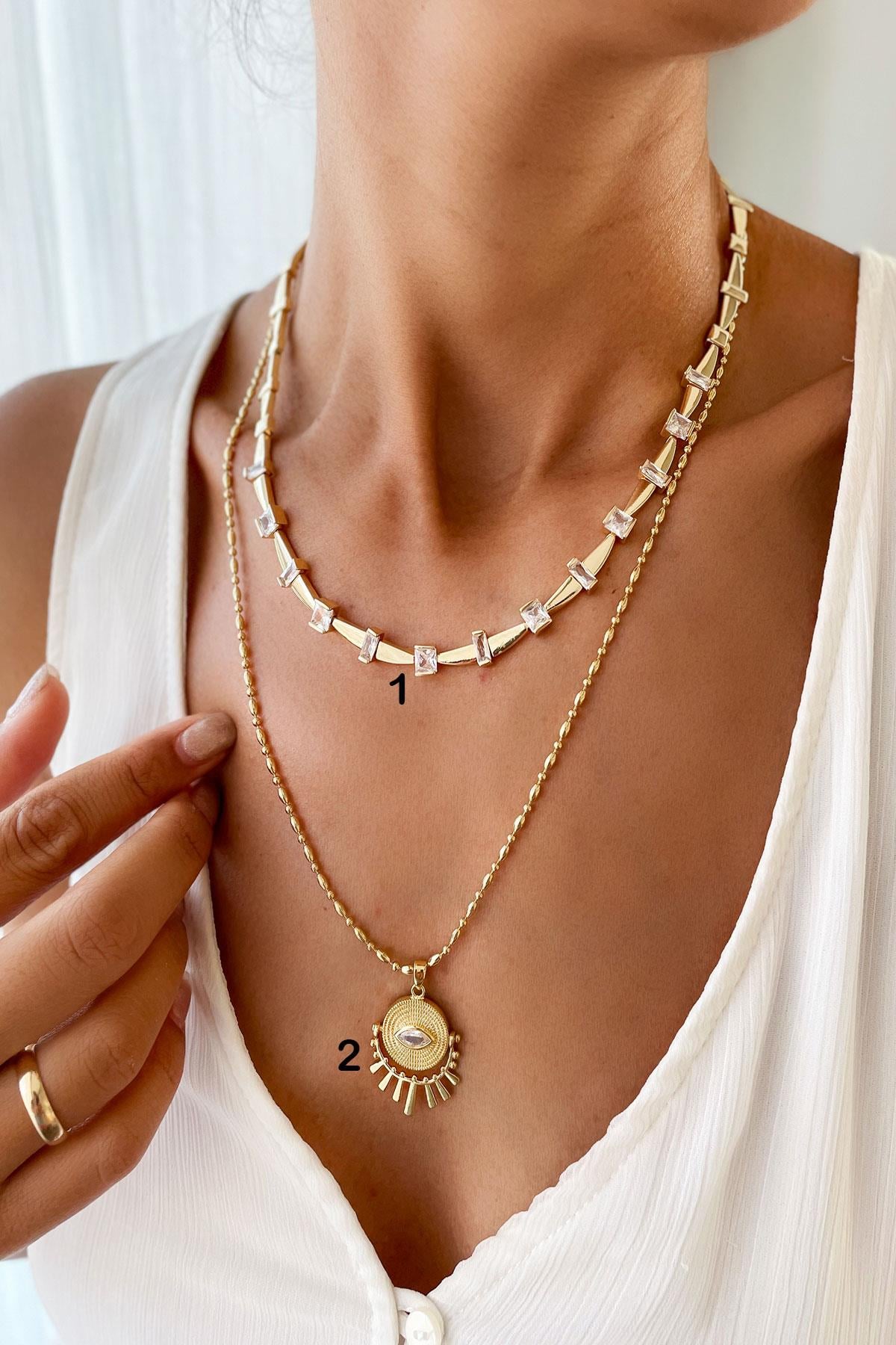 Zirkon Taşlı Gold Renk Gerdanlık Minimal Göz Tasarım VIP Kolye Seti