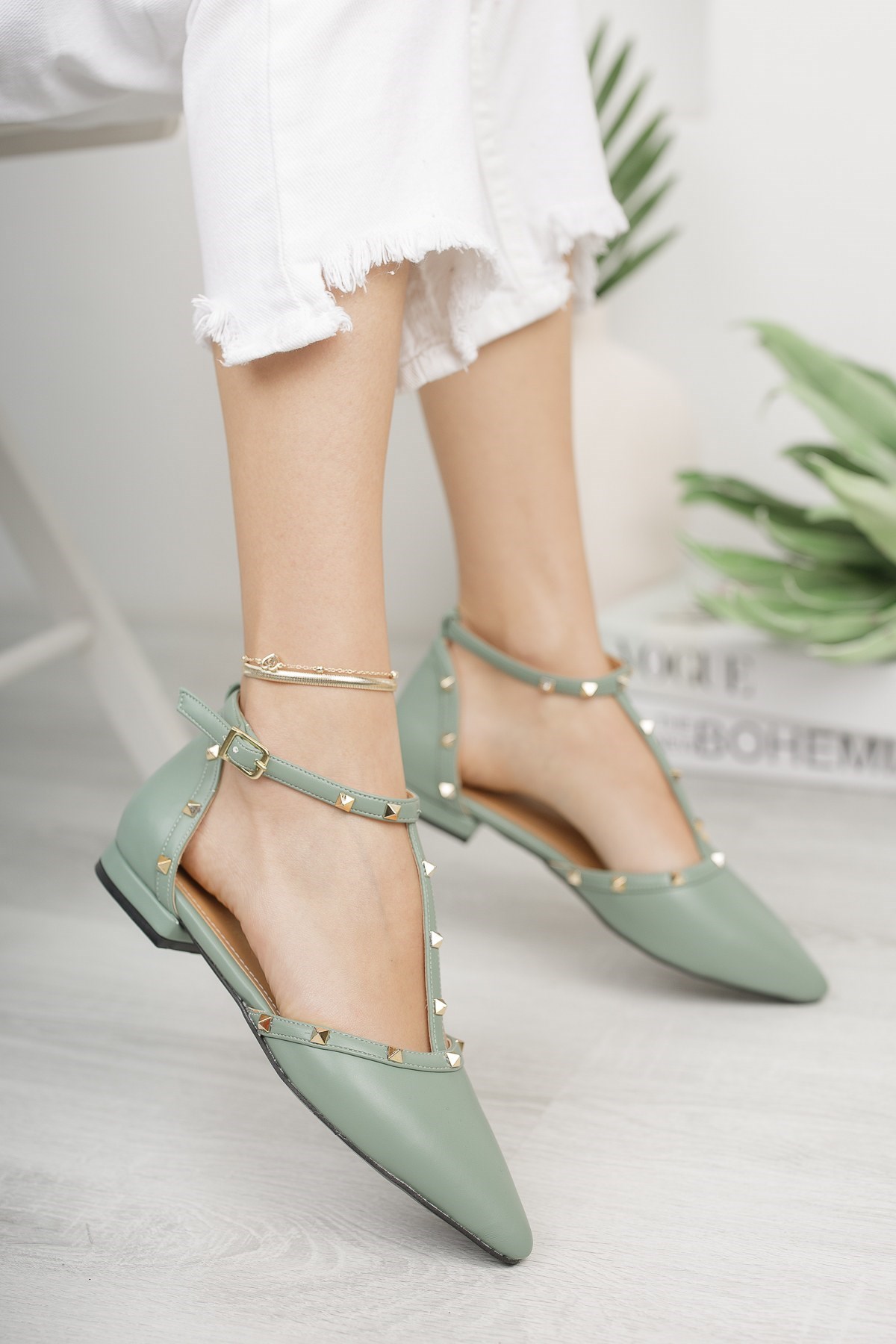 LABANCA' Zımba Detaylı Bilekte Kemerli Mint Yeşil Günlük Babet Ayakkabı -  Penne Shoes