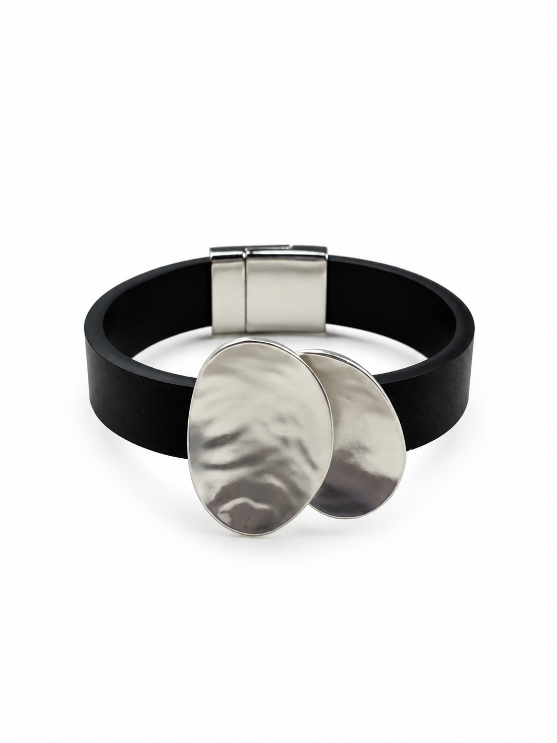 Dokulu Mat Oval Deri Silver Mıknatıslı Bileklik