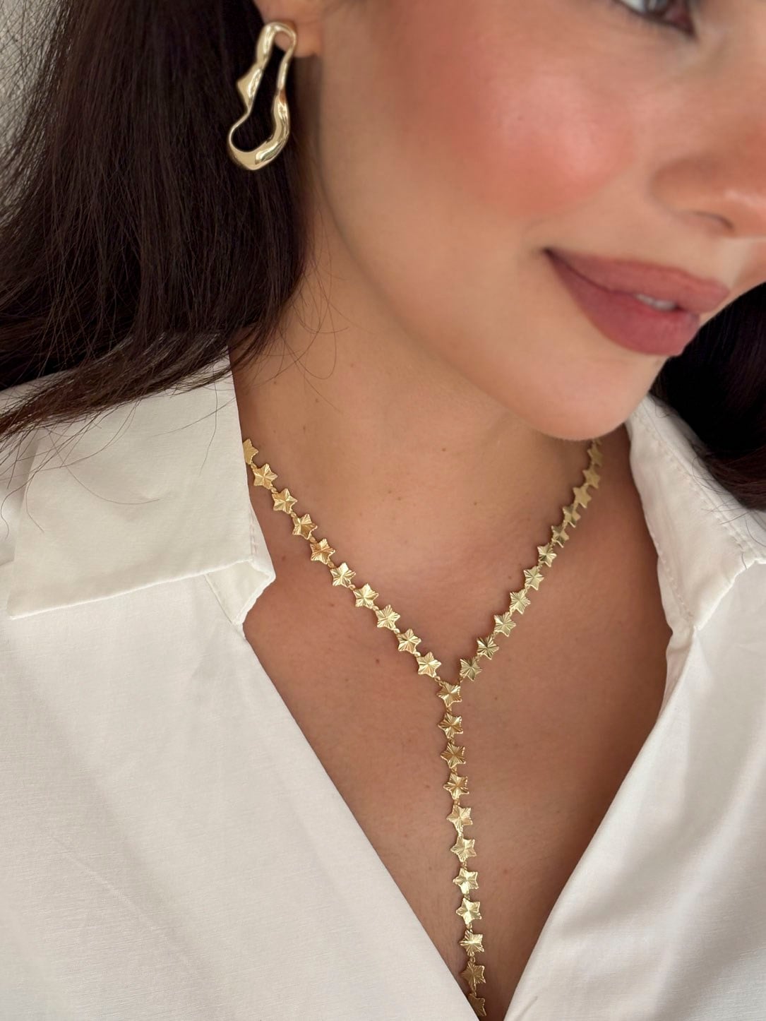 Lazer Kesim Yıldız Sıralı Y Model Gold Kolye