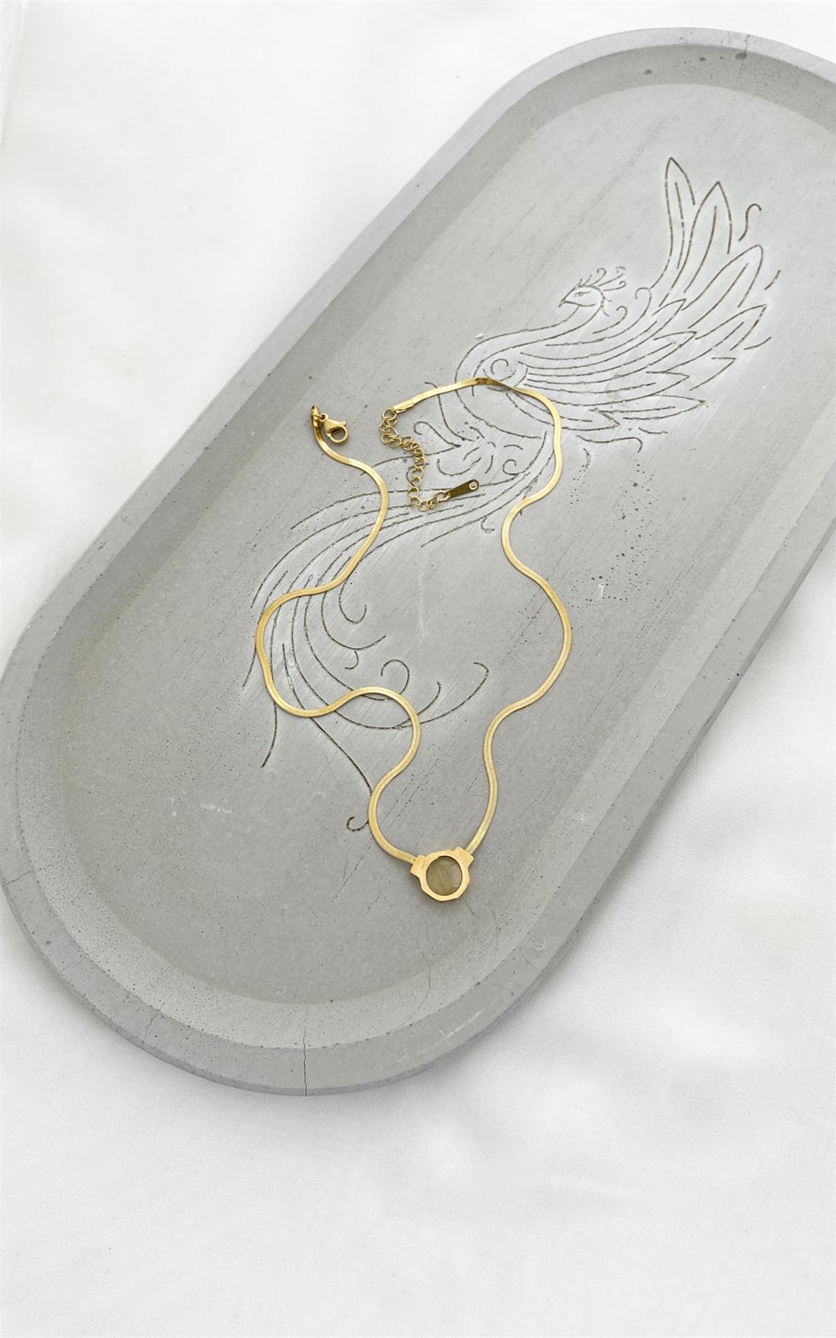 Altıgen Plaka Opal Taşlı Gold Çelik Kolye