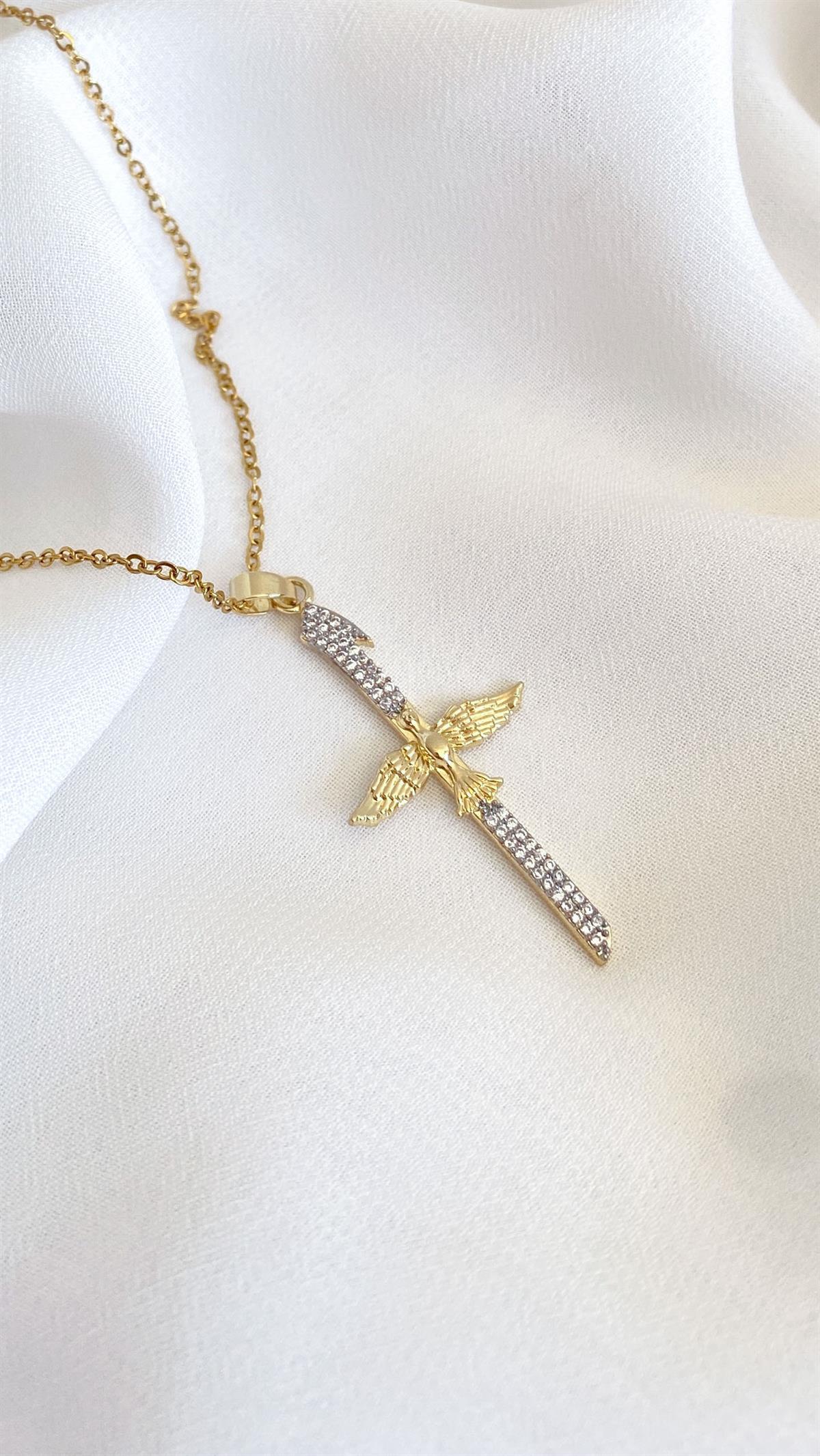 Anka Kuşu ve Elif Figürlü Zirkon Taşlı Gold Gümüş Çelik Kolye