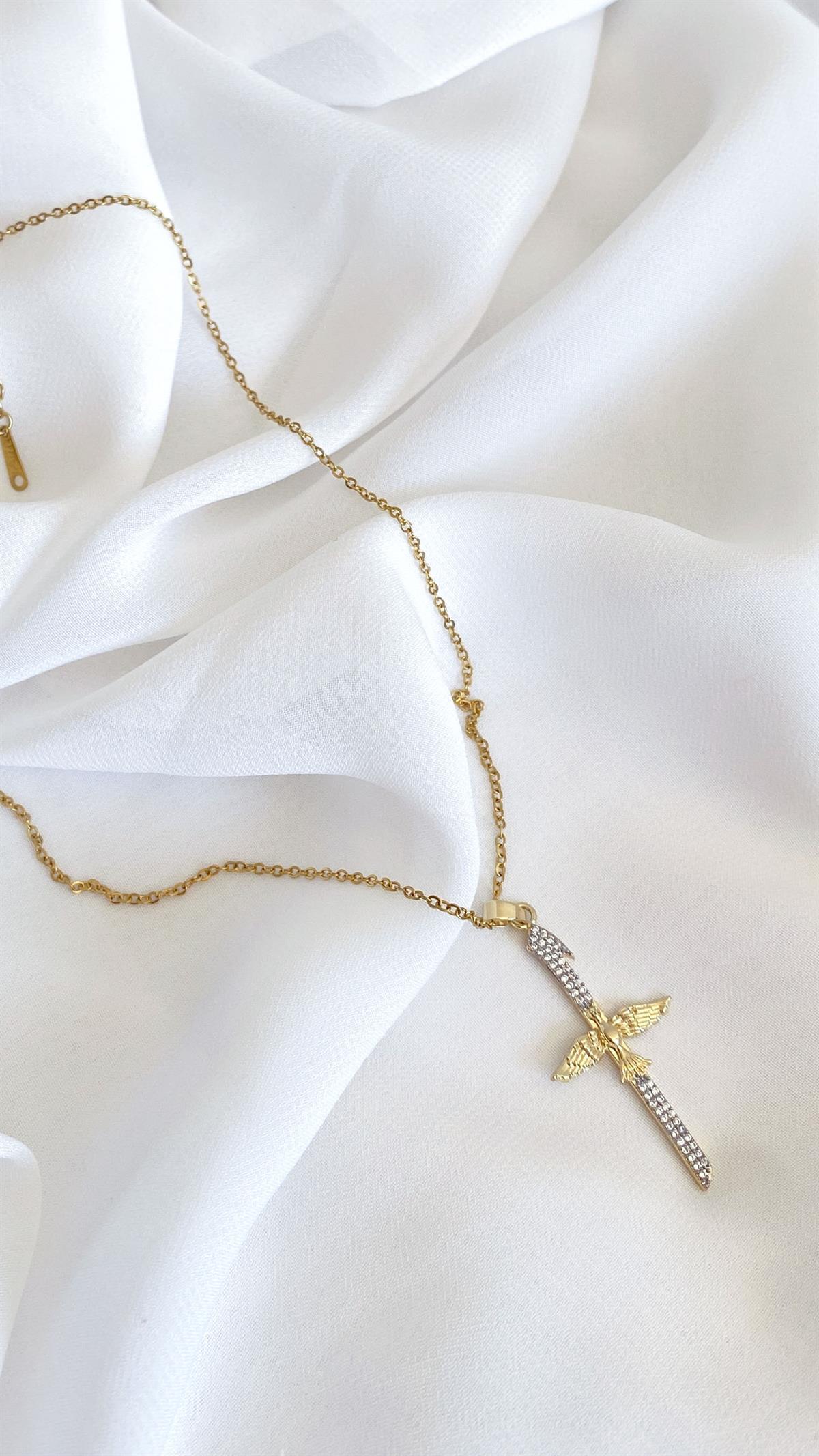 Anka Kuşu ve Elif Figürlü Zirkon Taşlı Gold Gümüş Çelik Kolye