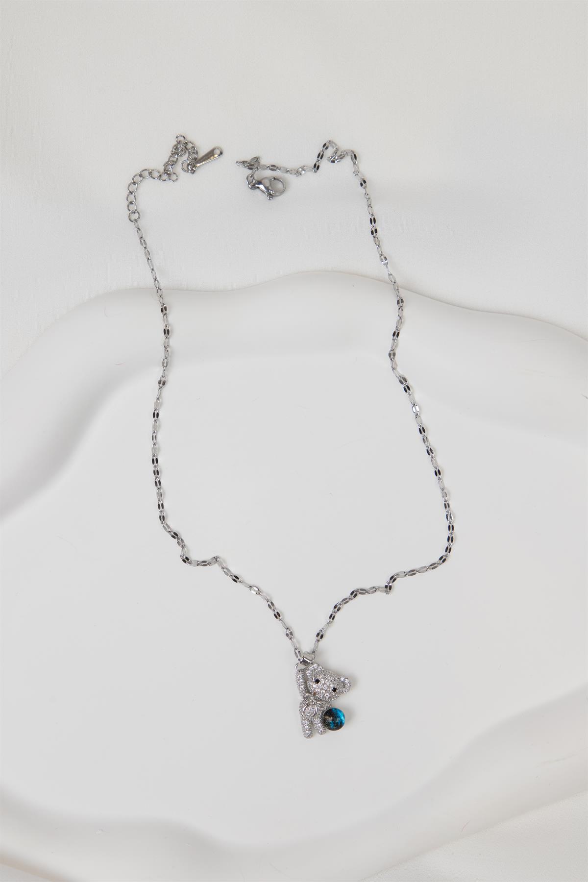 Ayıcık Figürlü Gümüş Çelik Kolye