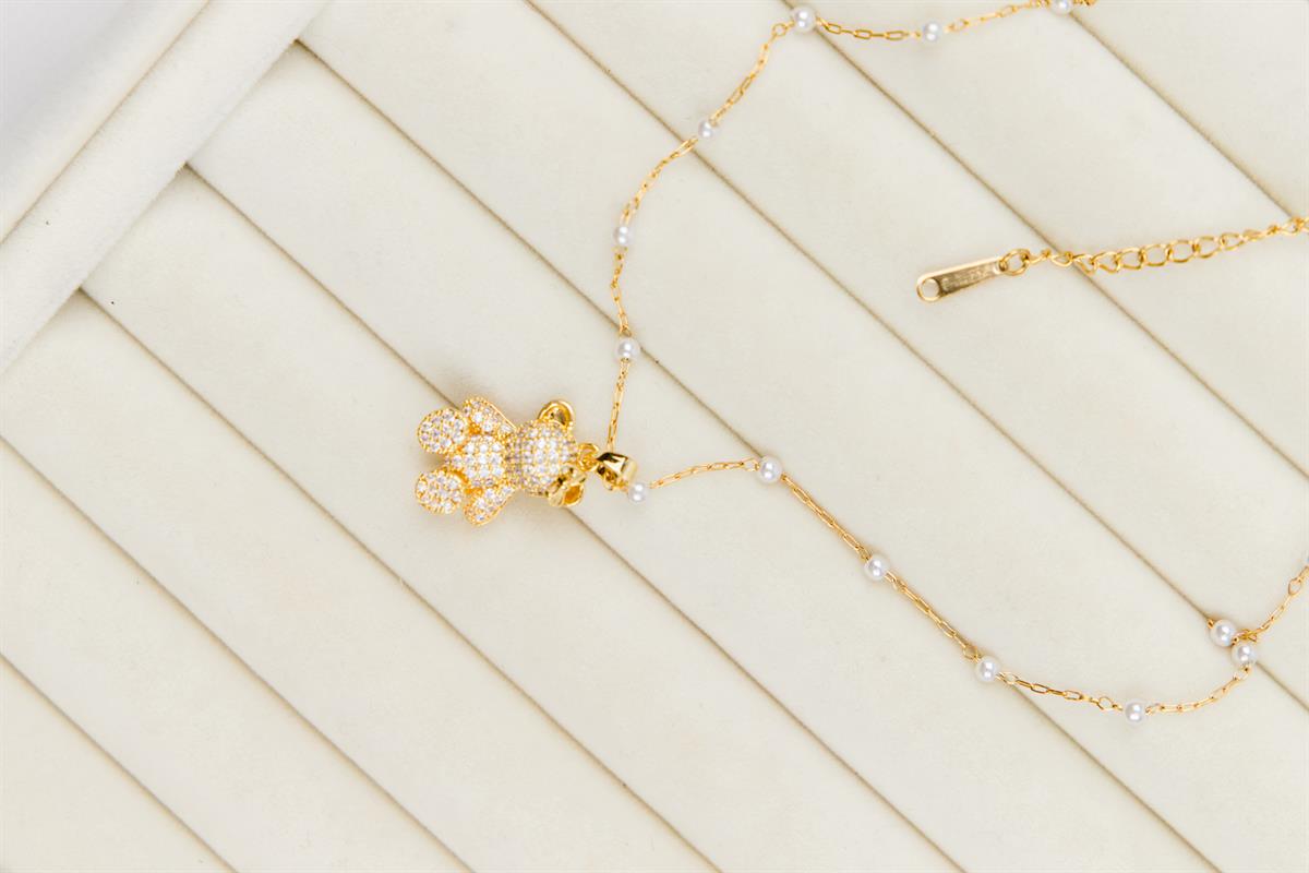 Ayıcık Figürlü Zirkon Taşlı İnci Sıralı Zincirli Gold Çelik Kolye