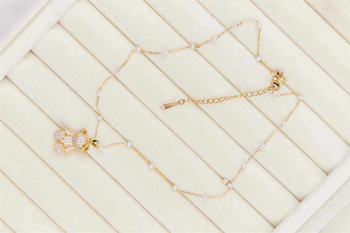 Ayıcık Figürlü Zirkon Taşlı İnci Sıralı Zincirli Gold Çelik Kolye