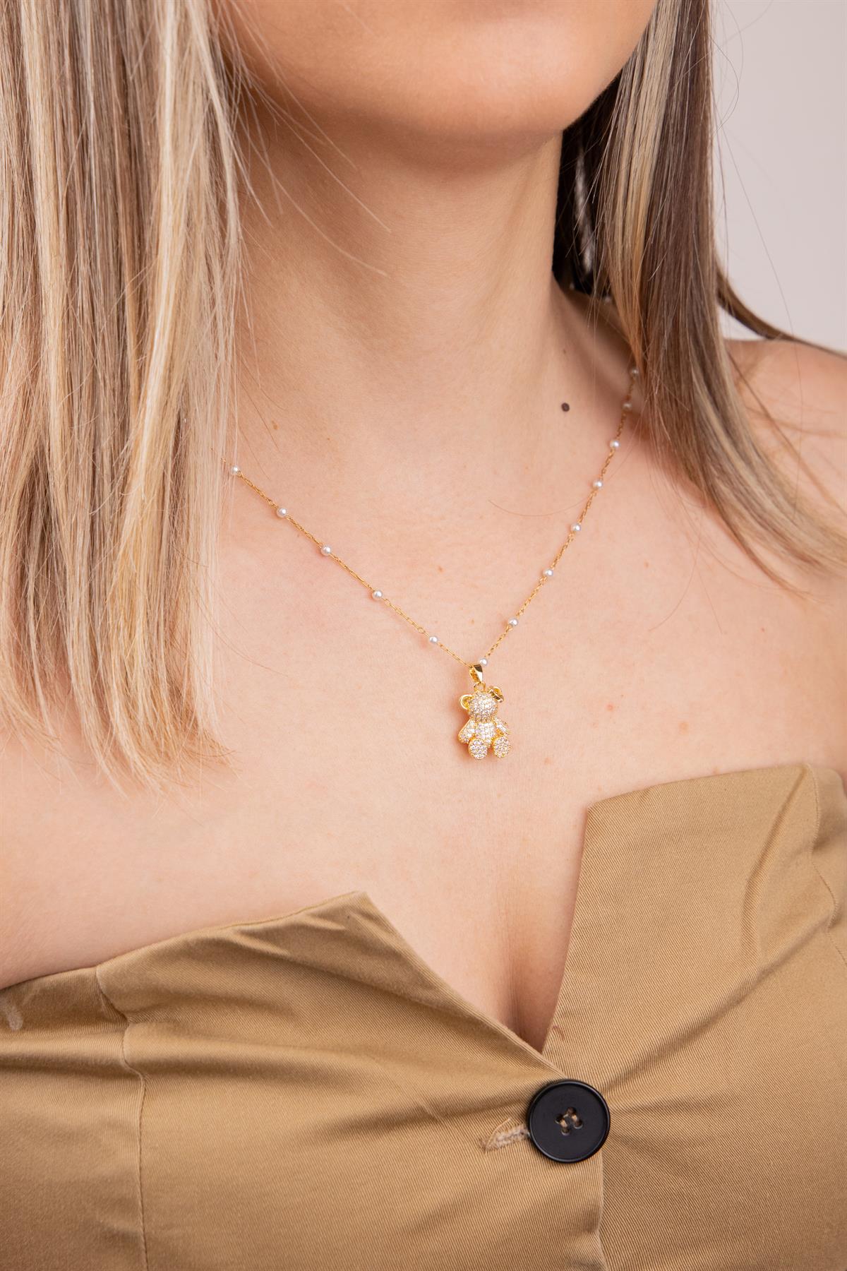 Ayıcık Figürlü Zirkon Taşlı İnci Sıralı Zincirli Gold Çelik Kolye