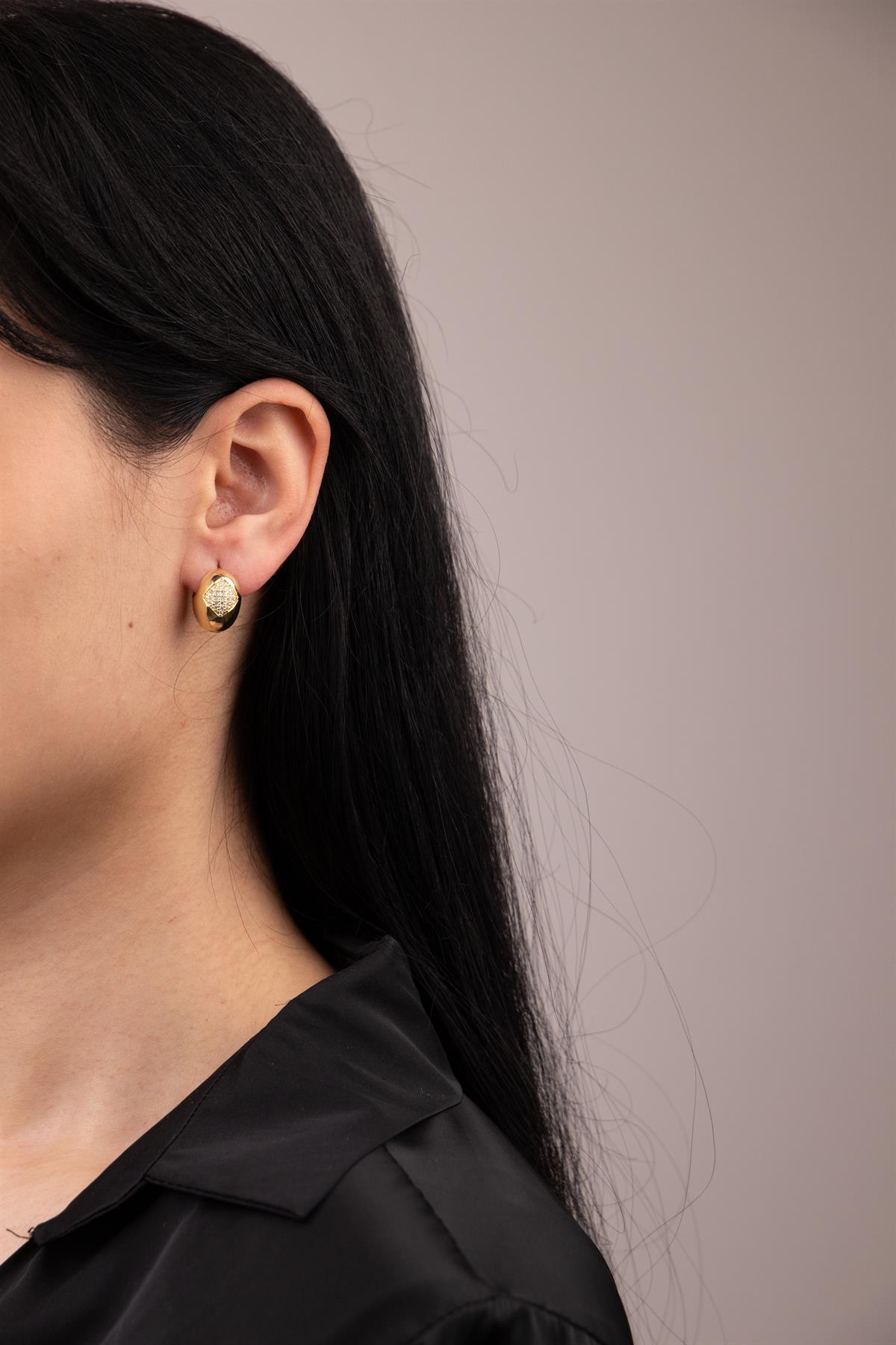 Bombeli Zirkon Taş Detaylı Gold Halka Küpe