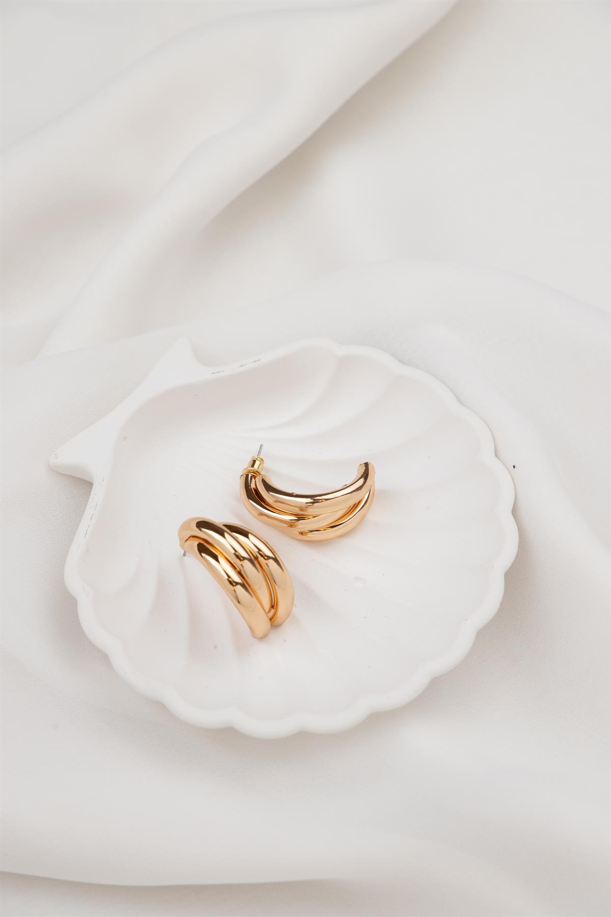 Boru Sıralı Gold Yarım Halka Küpe