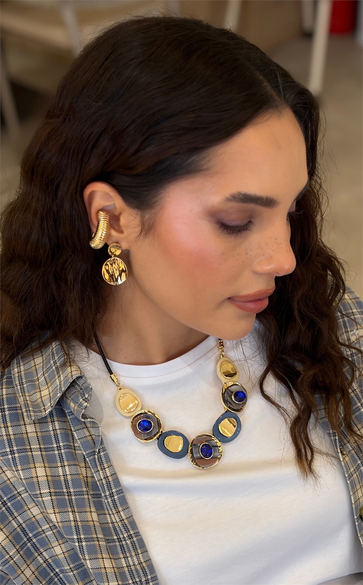 Çizgili Dokulu Kalın Gold Ear Cuff Küpe