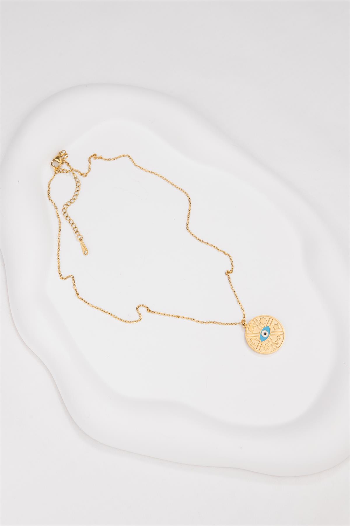 Daire Plaka Üzeri Desenli Gold Çelik Kolye