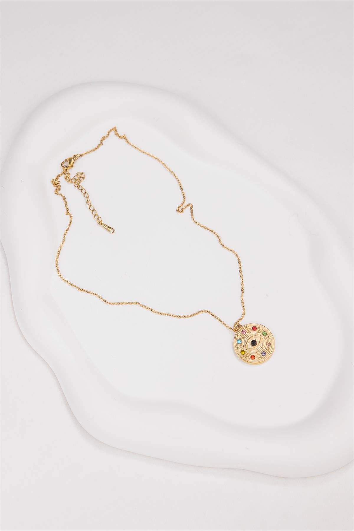 Daire Plaka Üzeri Göz Desenli Gold Çelik Kolye