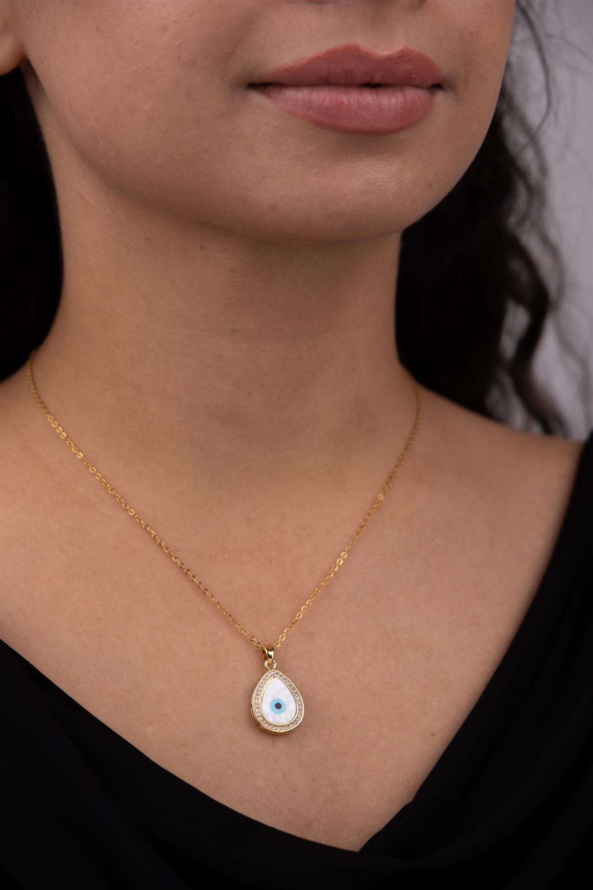 Damla Plaka Nazarlı Gold Çelik Kolye