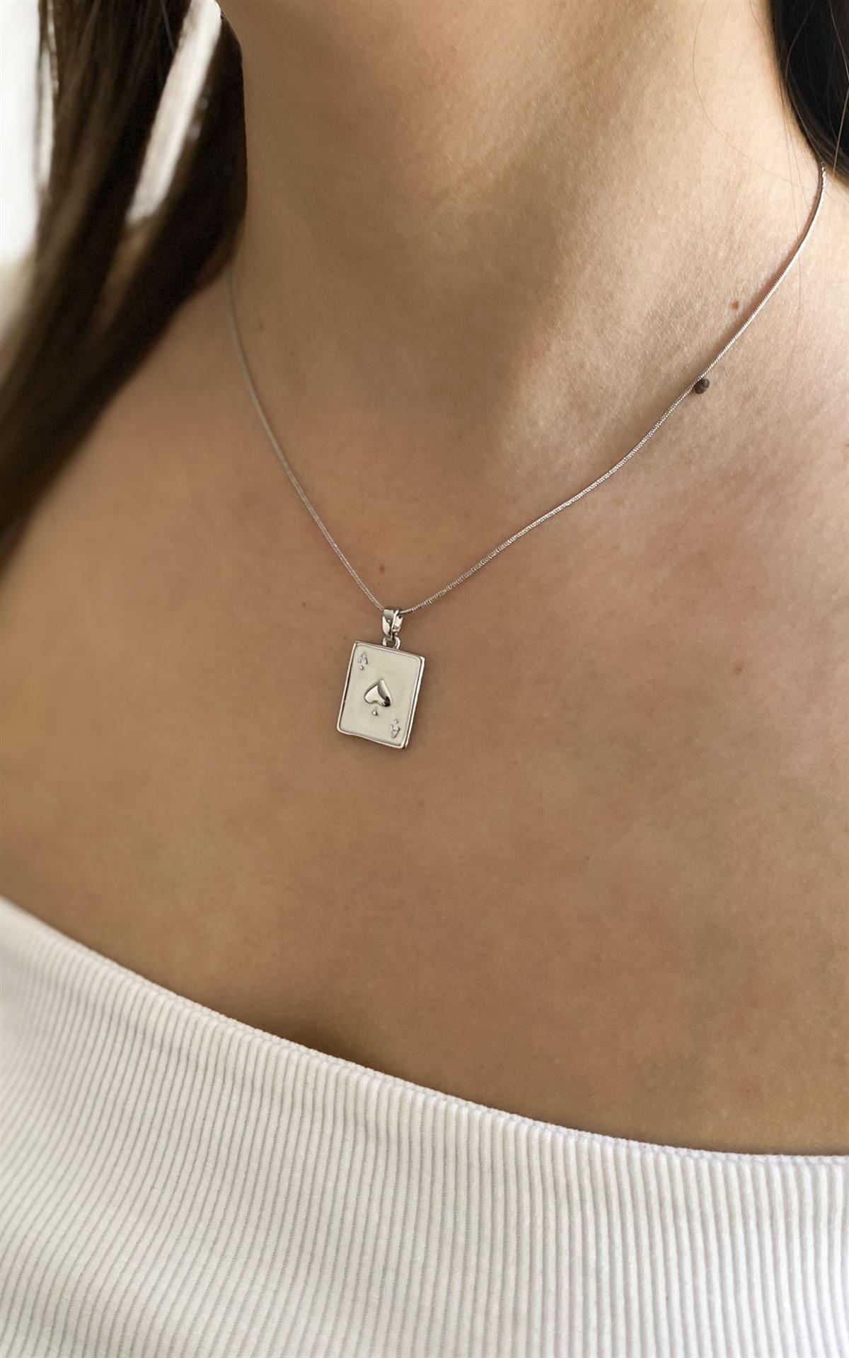 Dikdörtgen Plaka Üzeri Beyaz Mineli Gümüş Çelik Kolye