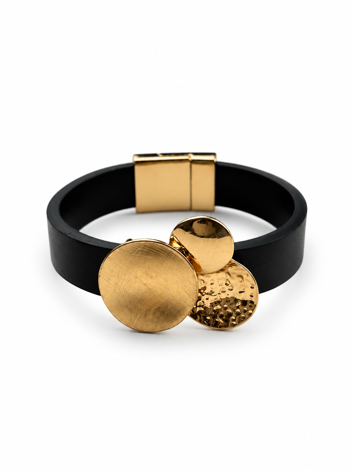 Dokulu Disk Tasarım Deri Gold Mıknatıslı Bileklik