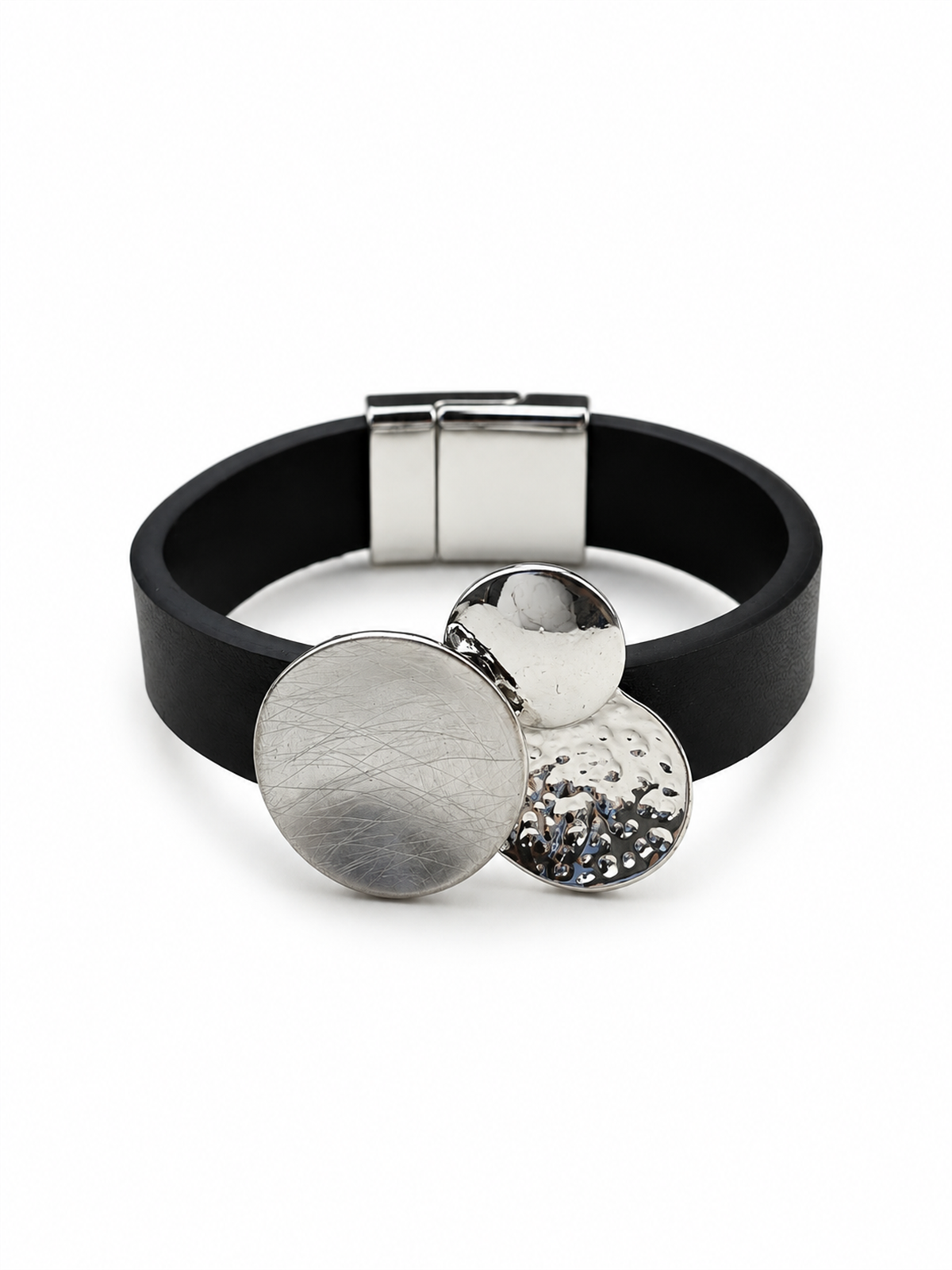 Dokulu Disk Tasarım Deri Silver Mıknatıslı Bileklik