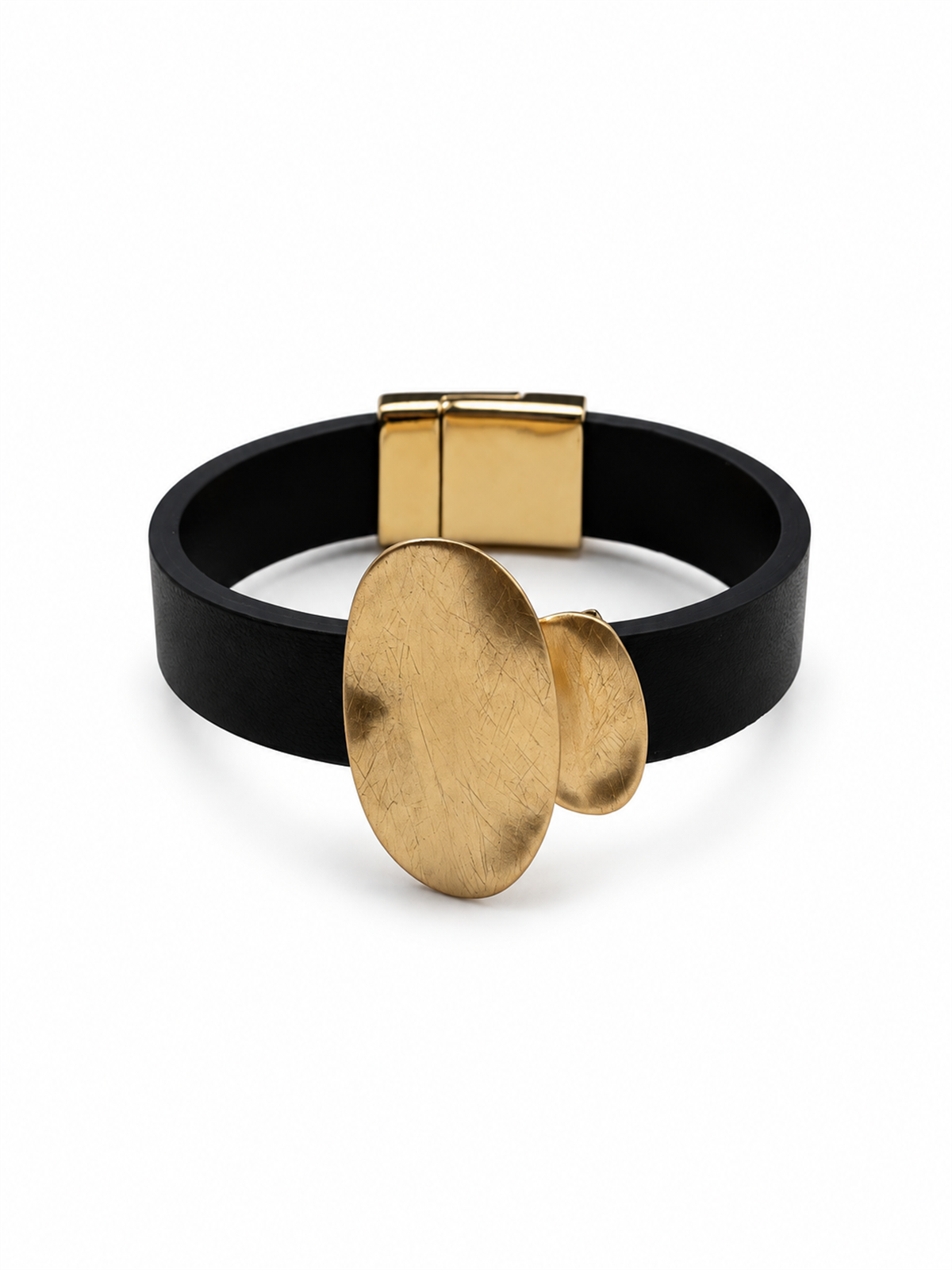 Dokulu Mat Oval Deri Gold Mıknatıslı Bileklik