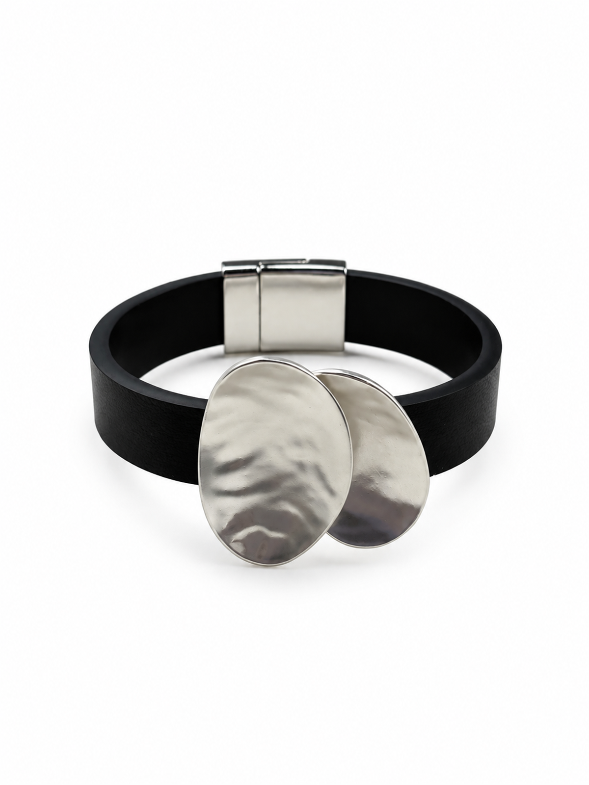 Dokulu Mat Oval Deri Silver Mıknatıslı Bileklik