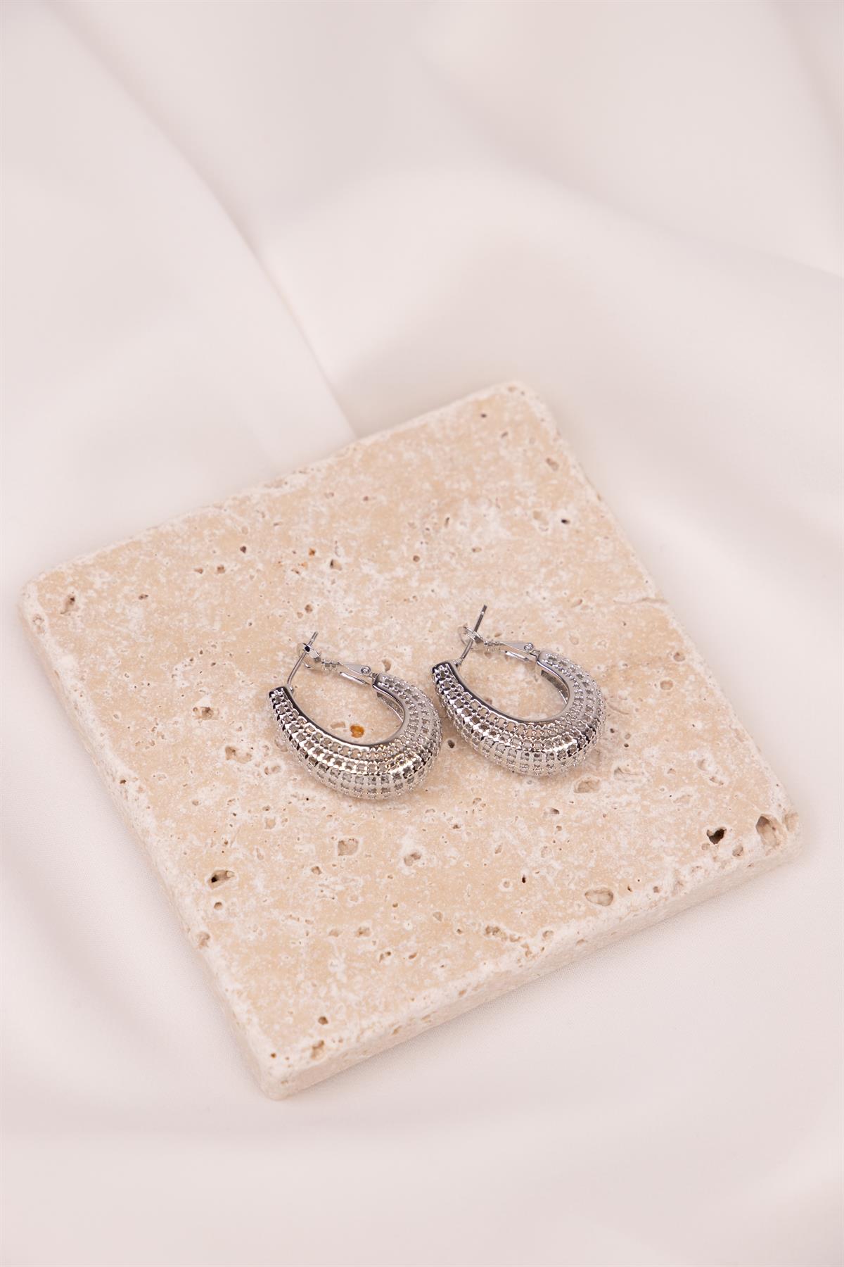 Dokulu Oval Formlu Gümüş Halka Küpe