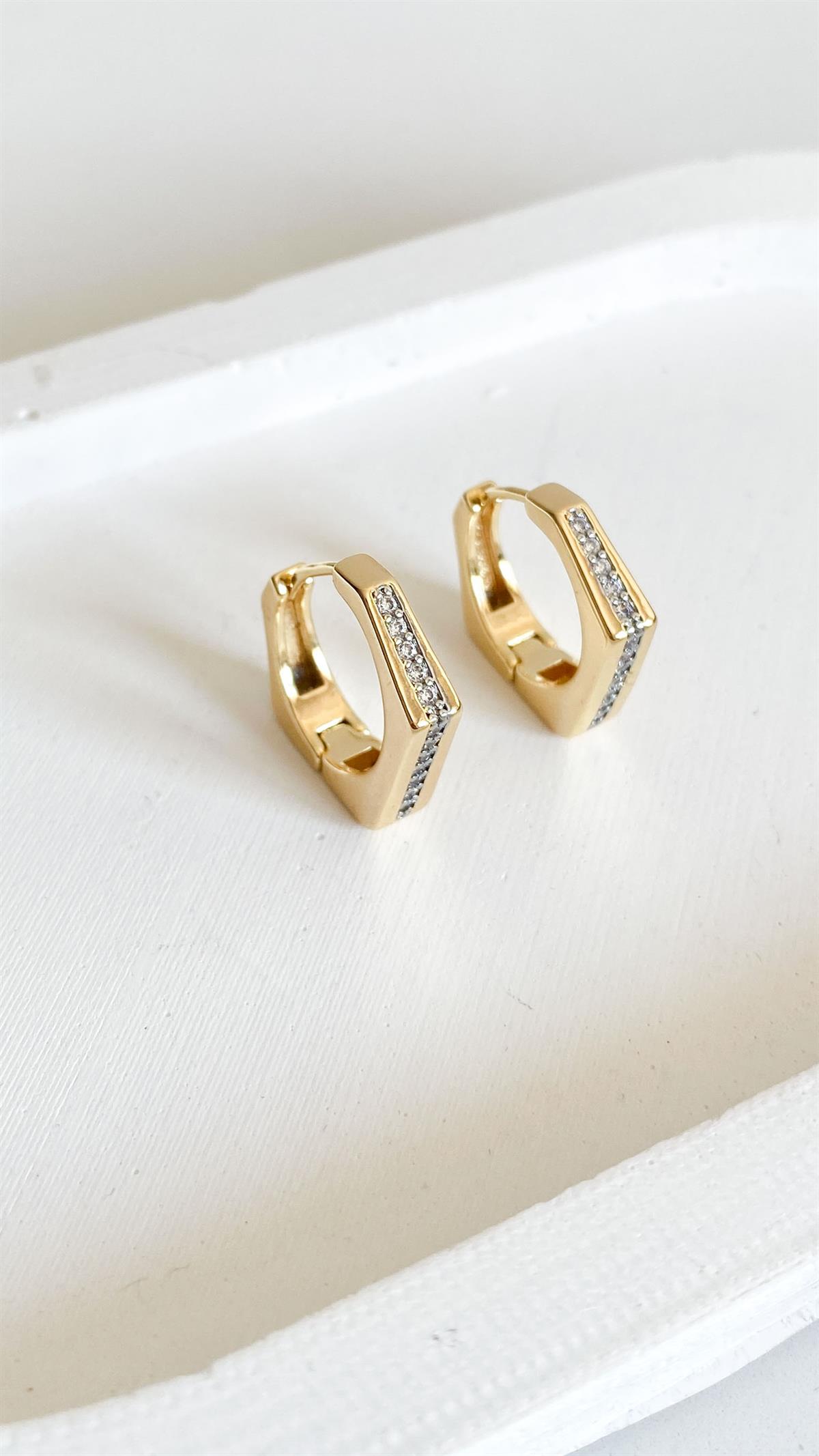 Dört Köşeli Zirkon Taşlı Gold Gümüş Halka Küpe