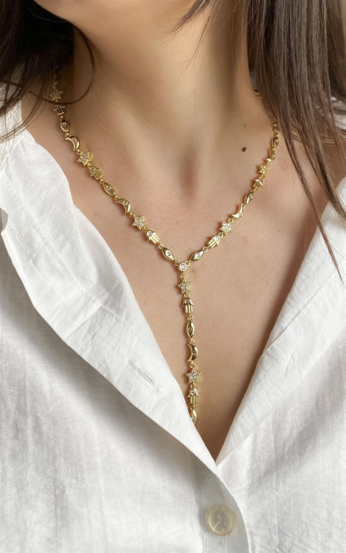 Figürlü Zirkon Taş Detaylı Gold Y Kolye