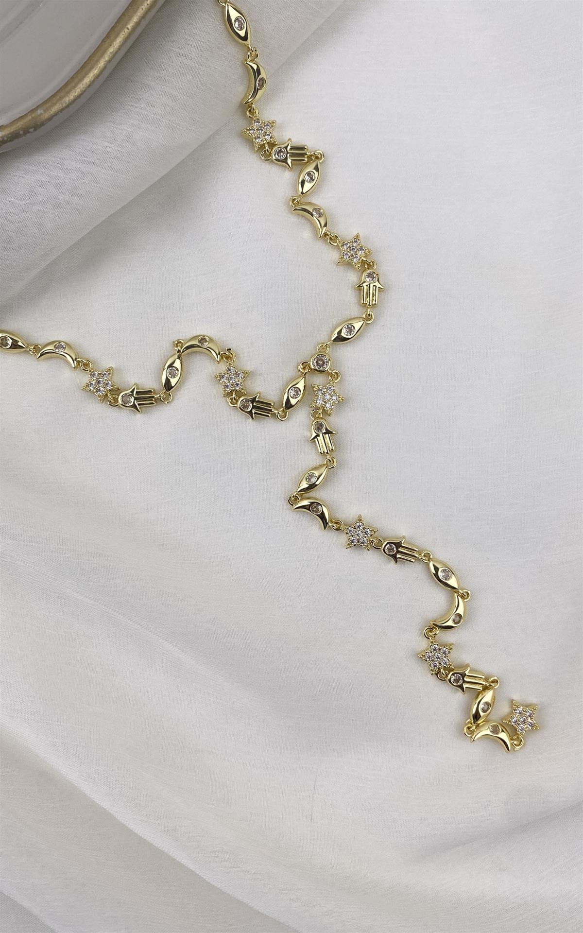 Figürlü Zirkon Taş Detaylı Gold Y Kolye