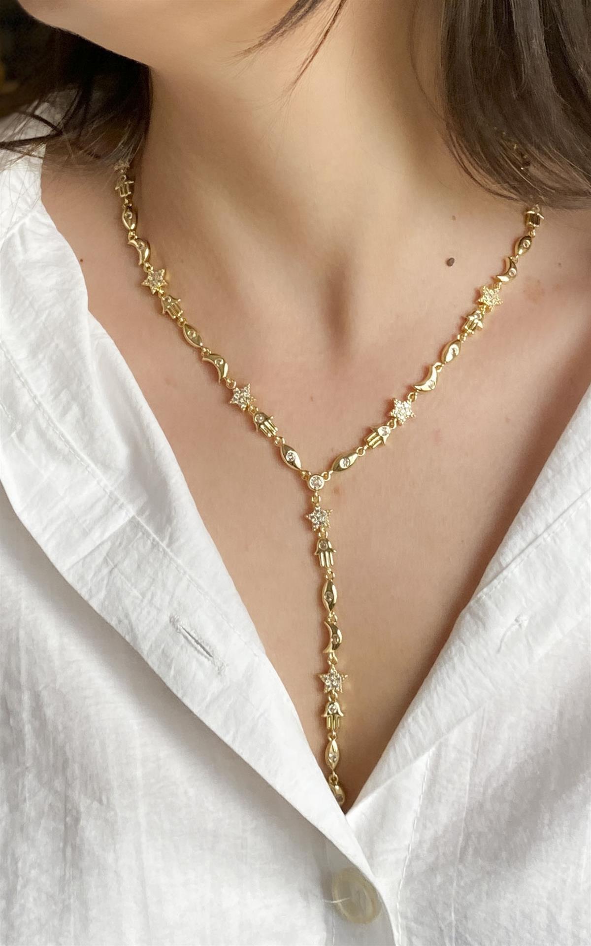 Figürlü Zirkon Taş Detaylı Gold Y Kolye