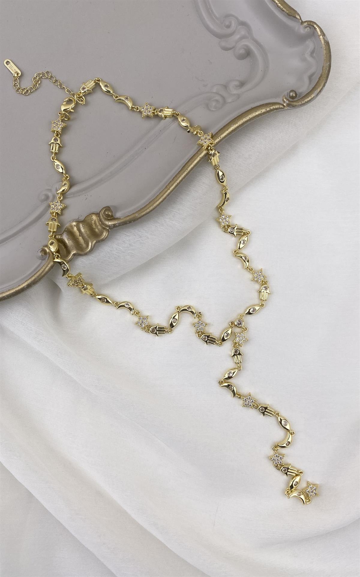 Figürlü Zirkon Taş Detaylı Gold Y Kolye