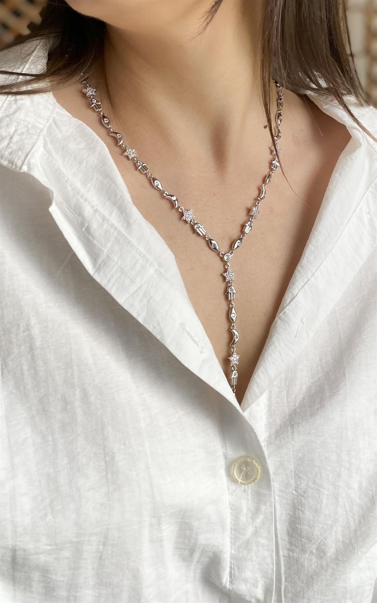 Figürlü Zirkon Taş Detaylı Gümüş Y Kolye