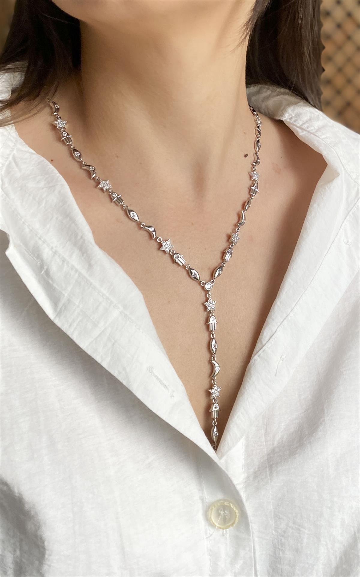 Figürlü Zirkon Taş Detaylı Gümüş Y Kolye