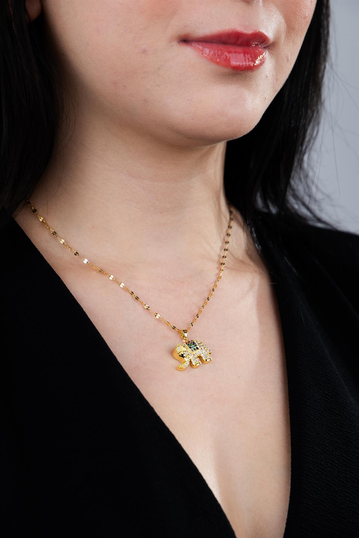 Fil Figürlü Gold Çelik Kolye