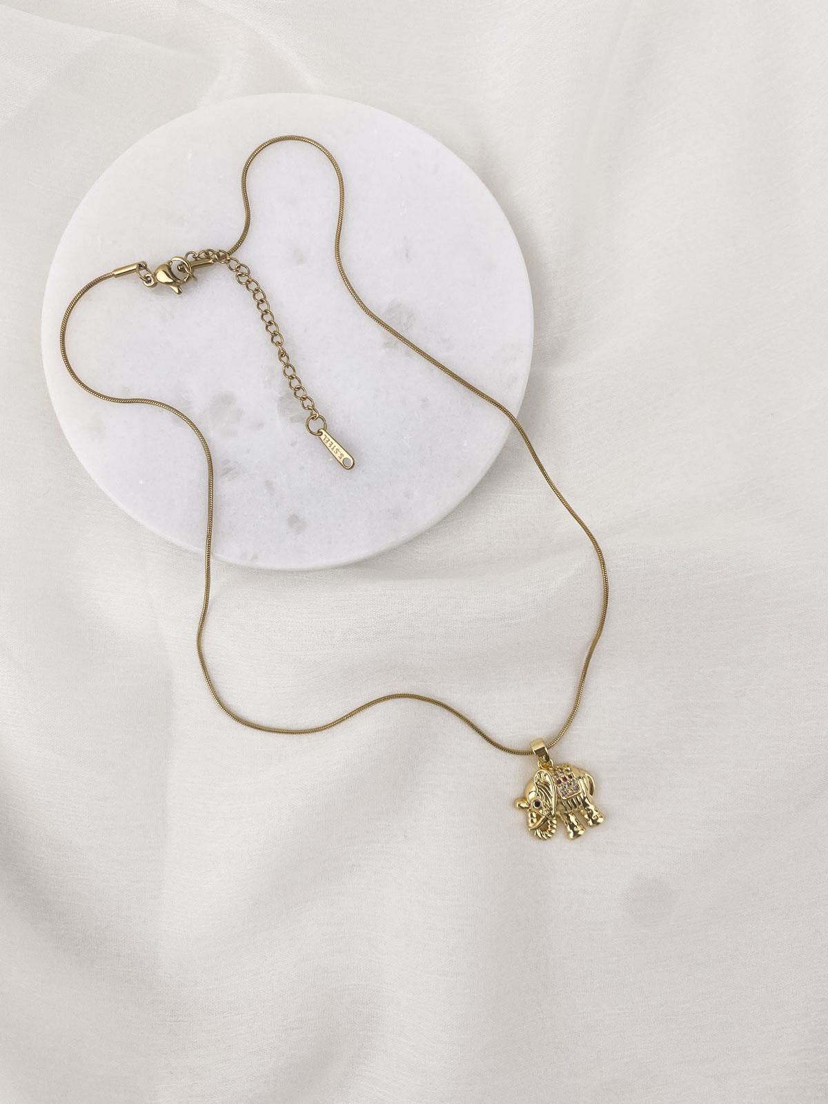 Fil Figürlü Yılan Zincirli Gold Çelik Kolye