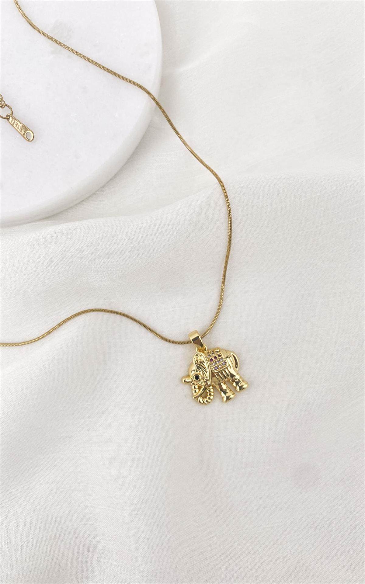 Fil Figürlü Yılan Zincirli Gold Çelik Kolye