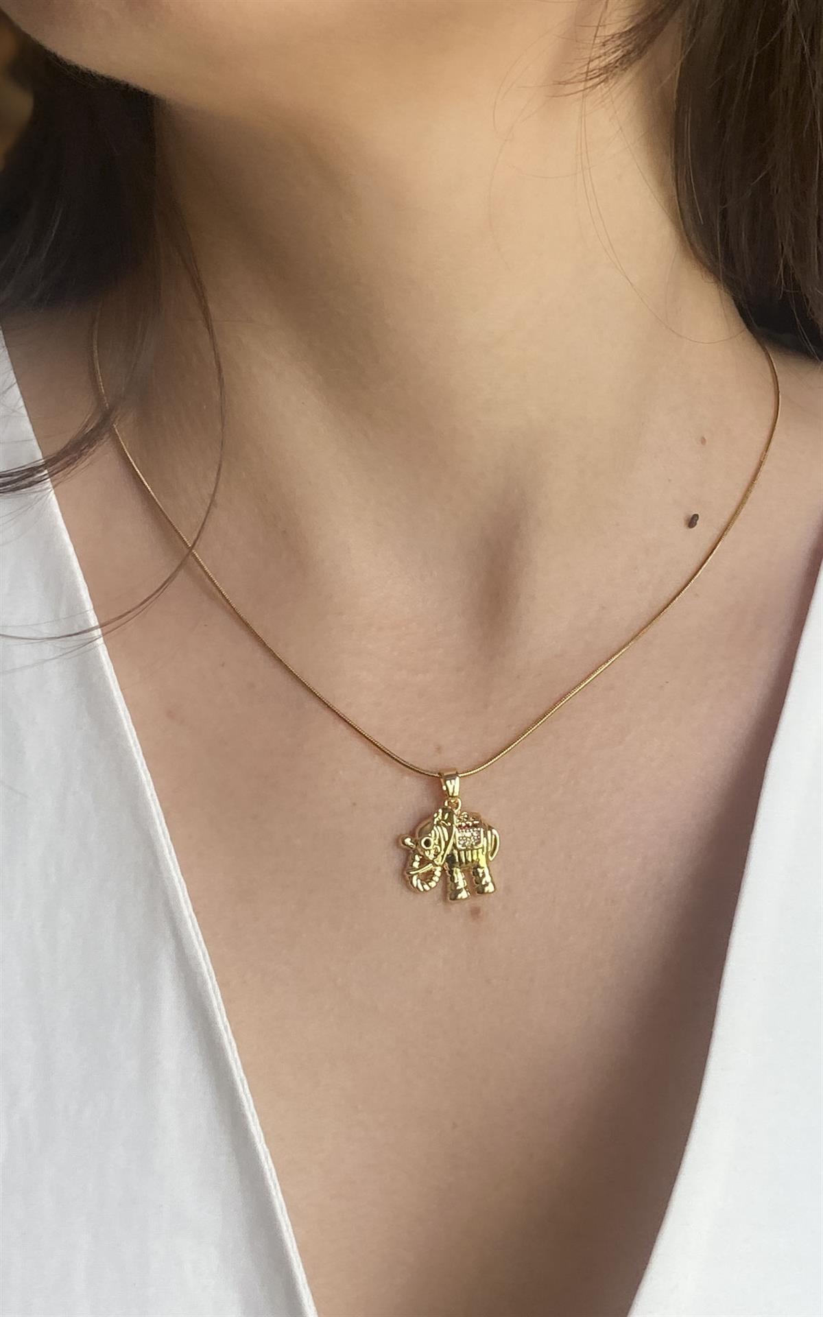 Fil Figürlü Yılan Zincirli Gold Çelik Kolye