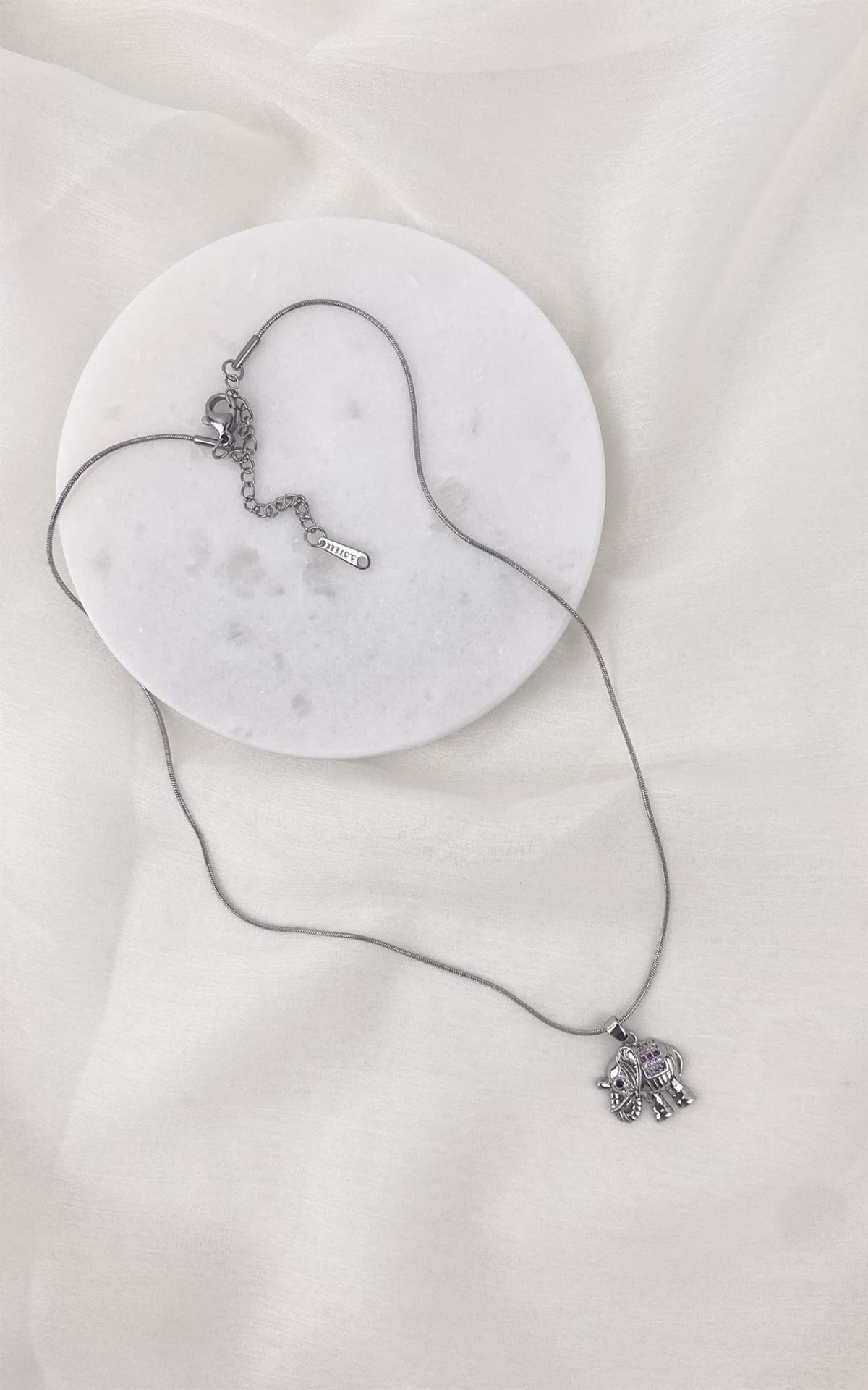 Fil Figürlü Yılan Zincirli Gümüş Çelik Kolye