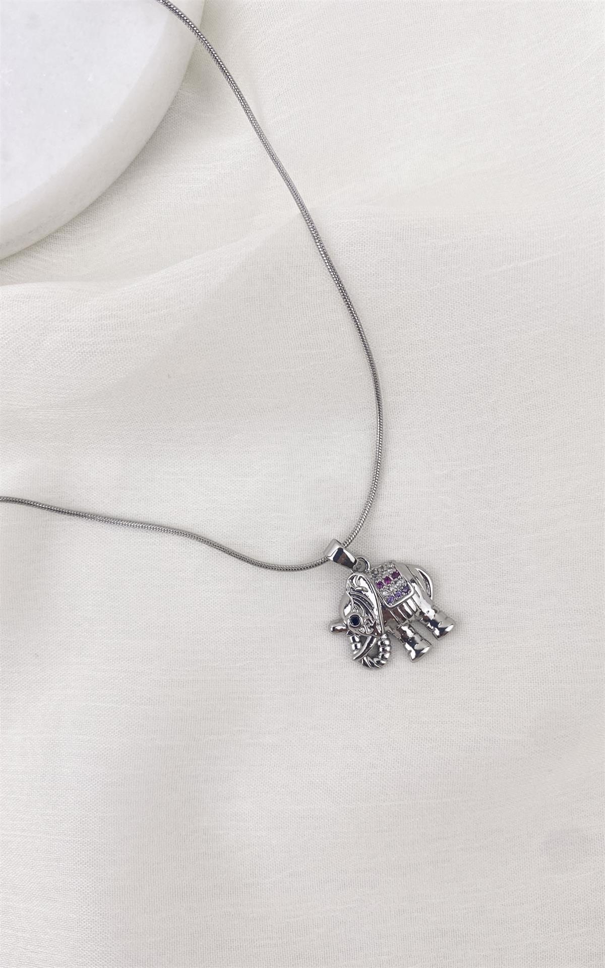 Fil Figürlü Yılan Zincirli Gümüş Çelik Kolye