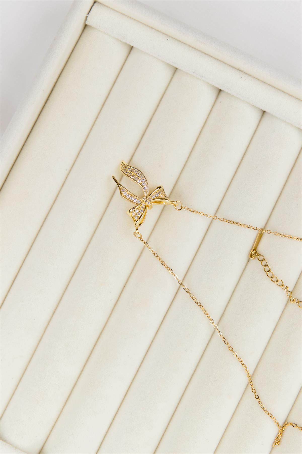 Fiyonk Figürlü Taşlı Gold Çelik Kolye