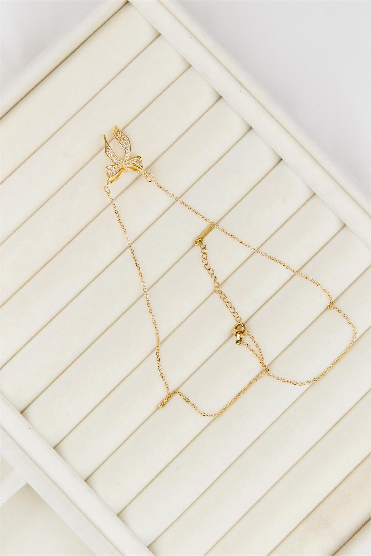 Fiyonk Figürlü Taşlı Gold Çelik Kolye