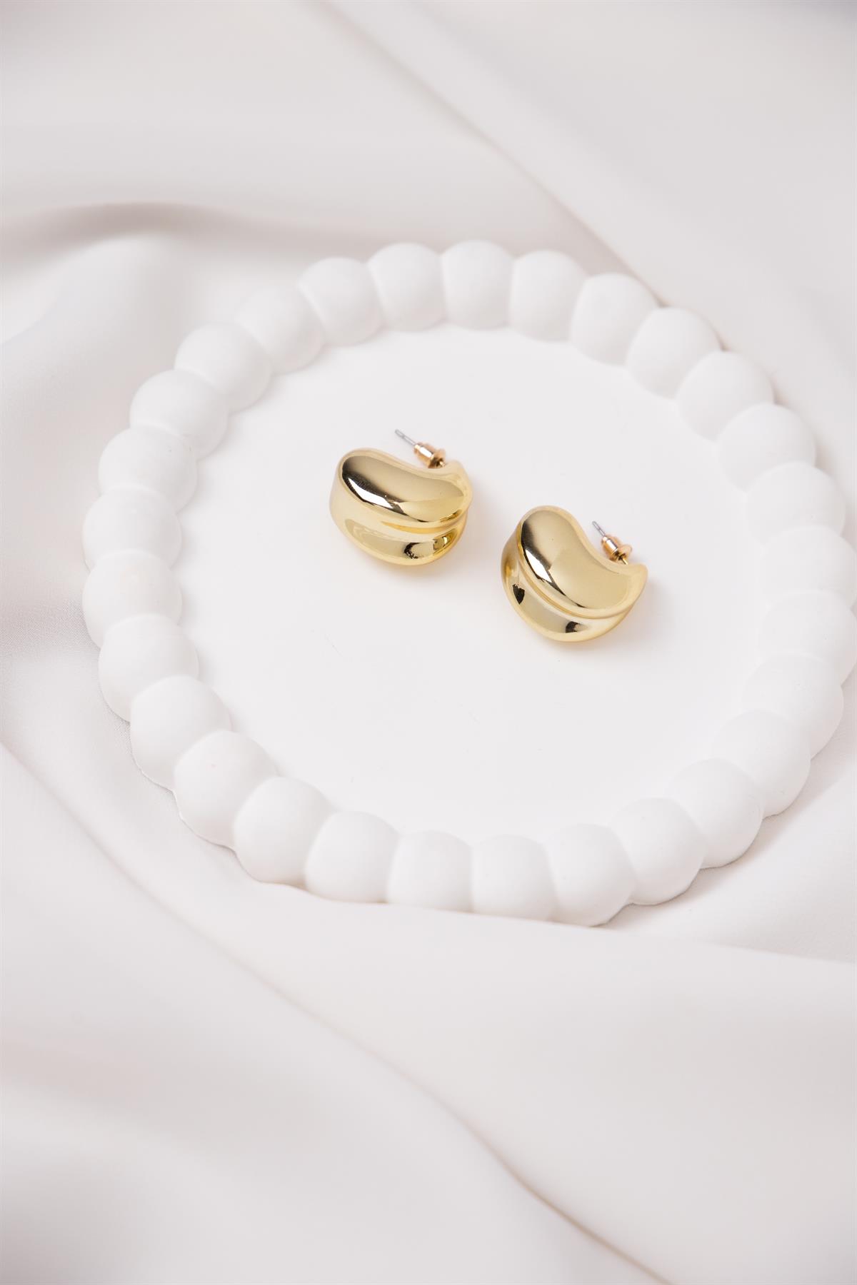 Geometrik Bombeli Yarım Halka Gold Küpe