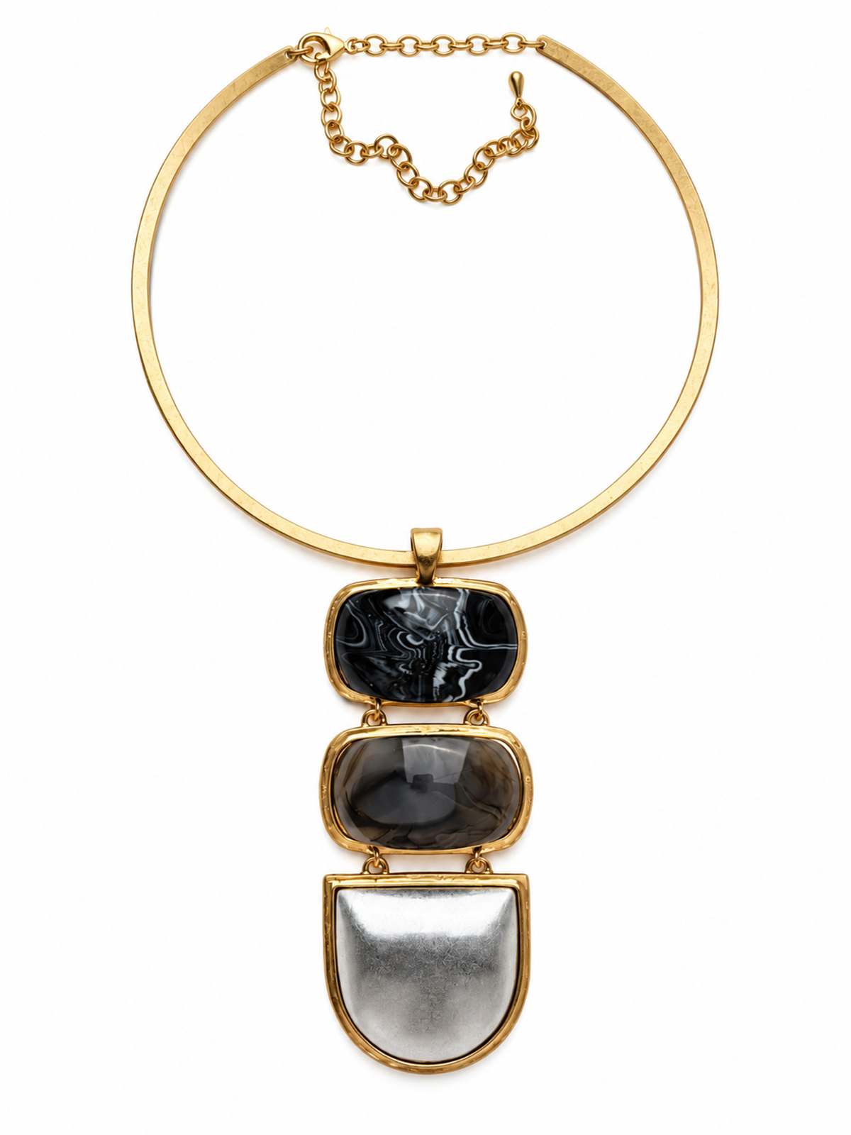 Geometrik Formlu Siyah Silver Taşlı Gold Kolye